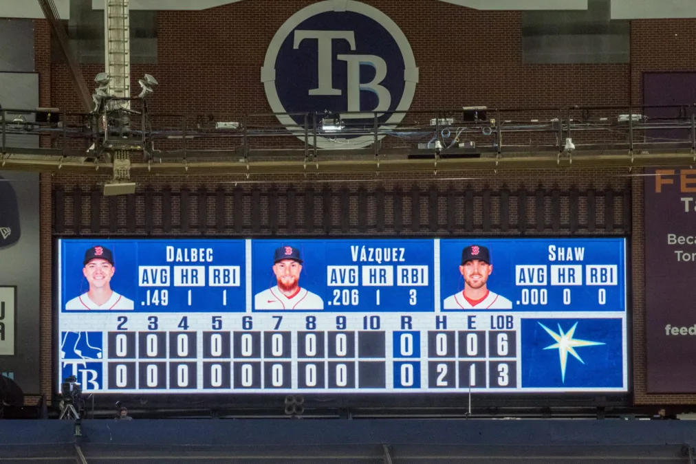 A view of the scoreboard after the ninth inning with zero Red Sox hits