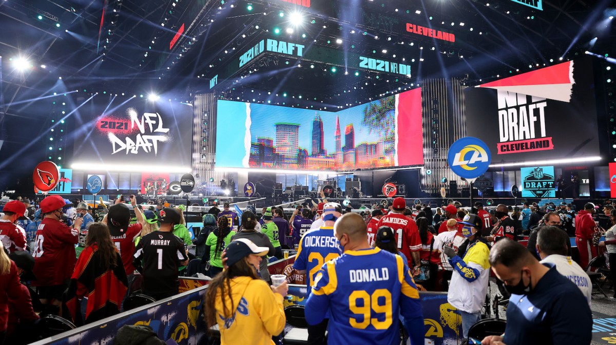 CLEVELAND, OHIO - APRIL 29: Fans wait for the start of the 2021 NFL Draft at the Great Lakes Science Center on April 29, 2021 in Cleveland, Ohio. (Photo by Gregory Shamus/Getty Images)