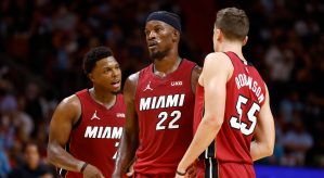 Kyle Lowry, Jimmy Butler, Duncan Robinson of the Miami Heat