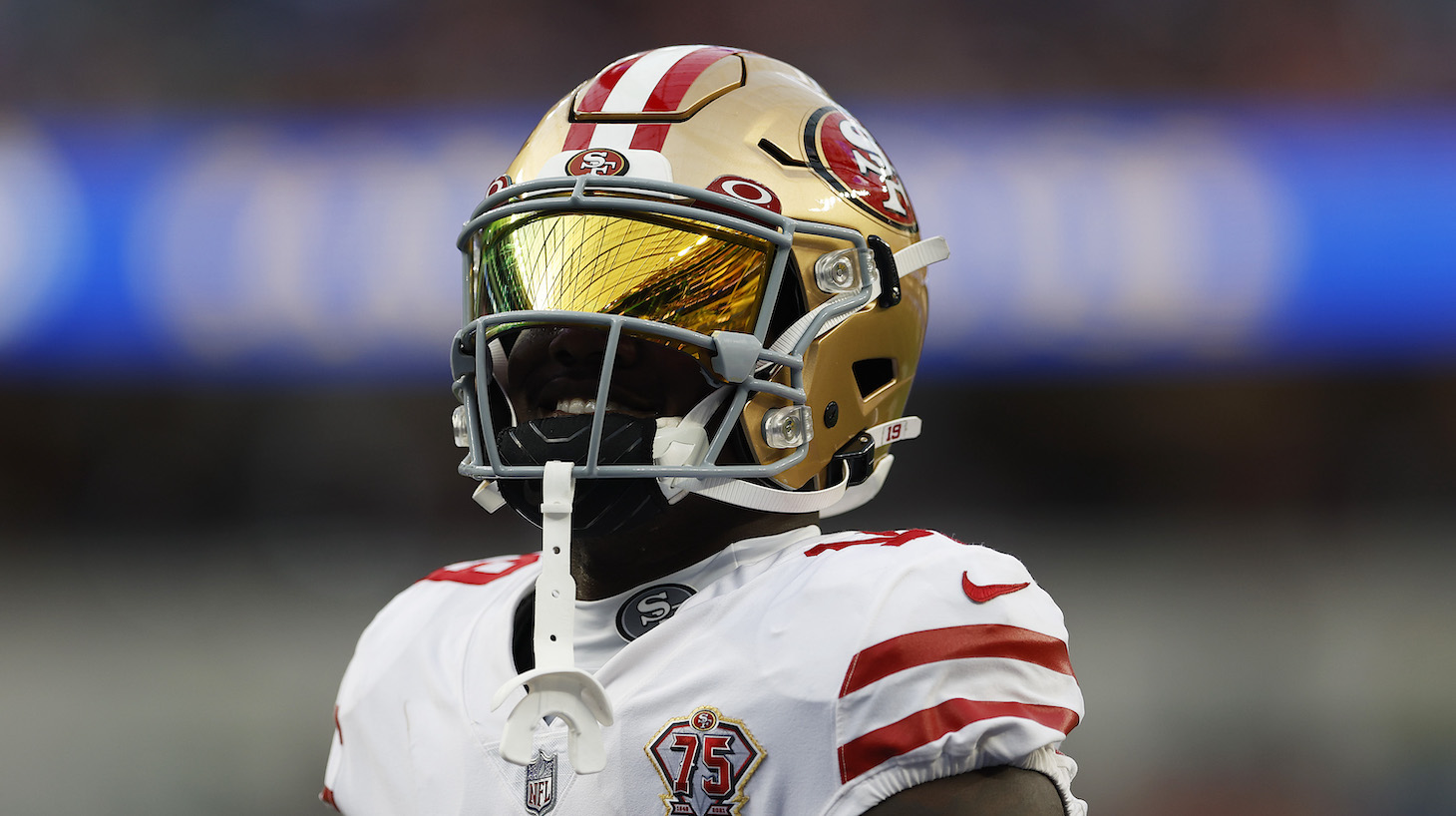 INGLEWOOD, CALIFORNIA - JANUARY 30: Deebo Samuel #19 of the San Francisco 49ers looks on during warm ups before the NFC Championship Game against the Los Angeles Rams at SoFi Stadium on January 30, 2022 in Inglewood, California. (Photo by Christian Petersen/Getty Images)