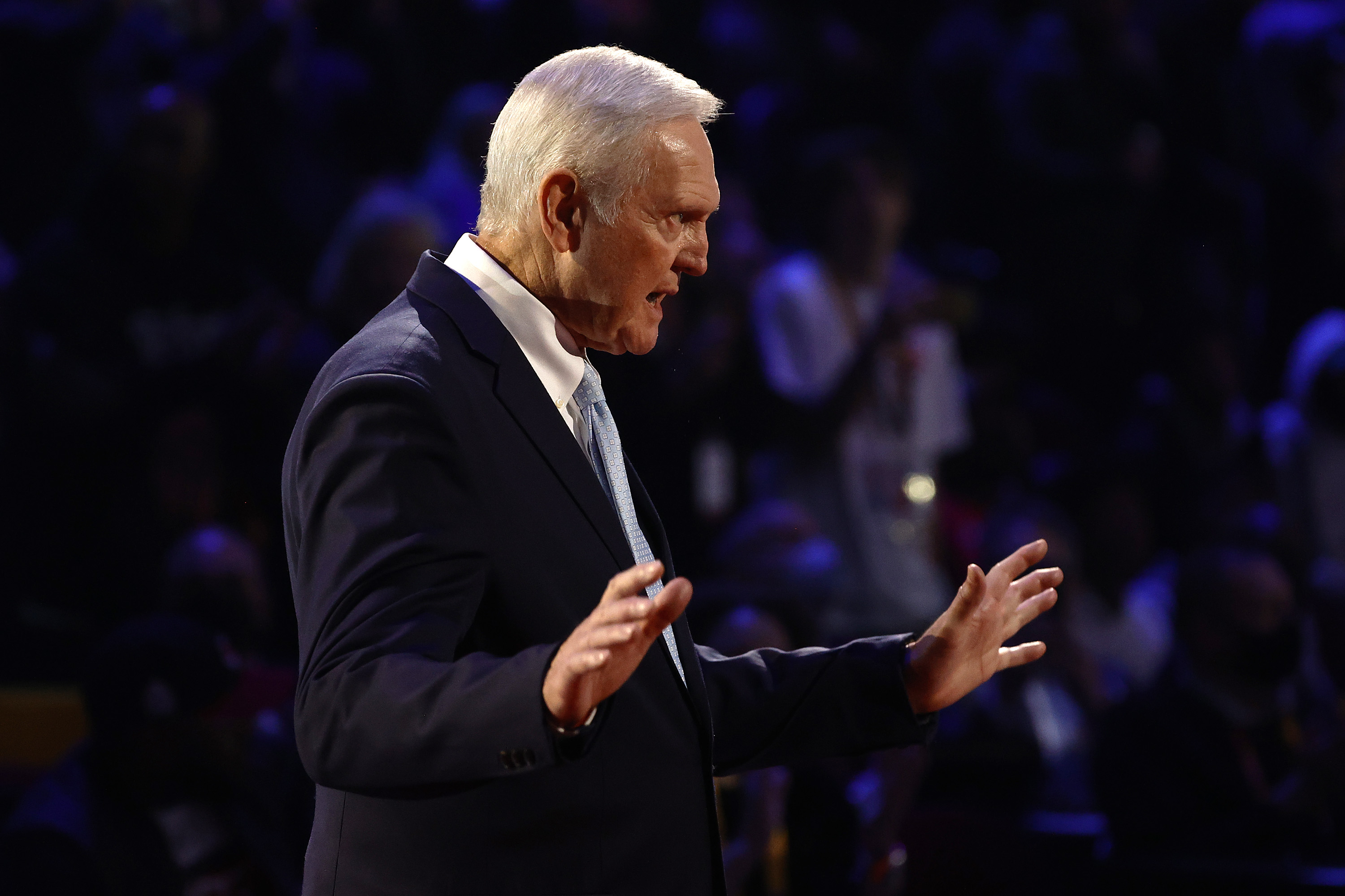 Jerry West, seen here not being angry at the 2022 NBA All-Star Game.
