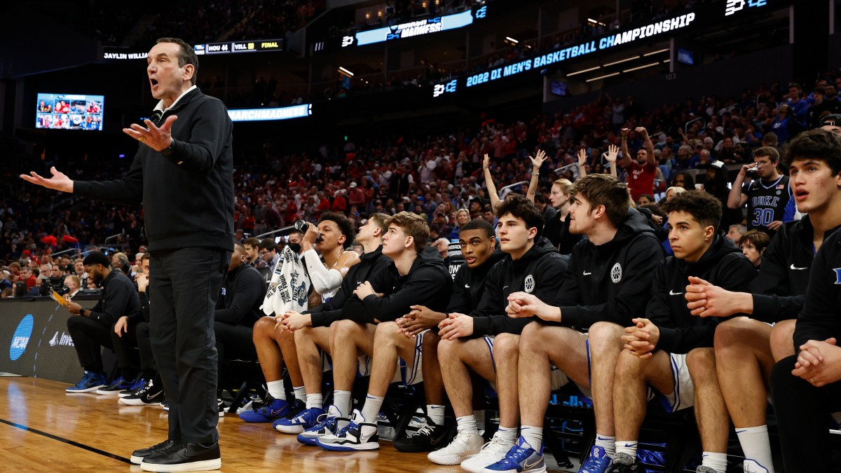 Coach K seen here complaining to officials in a game that could have been played any time in the last 40 years.