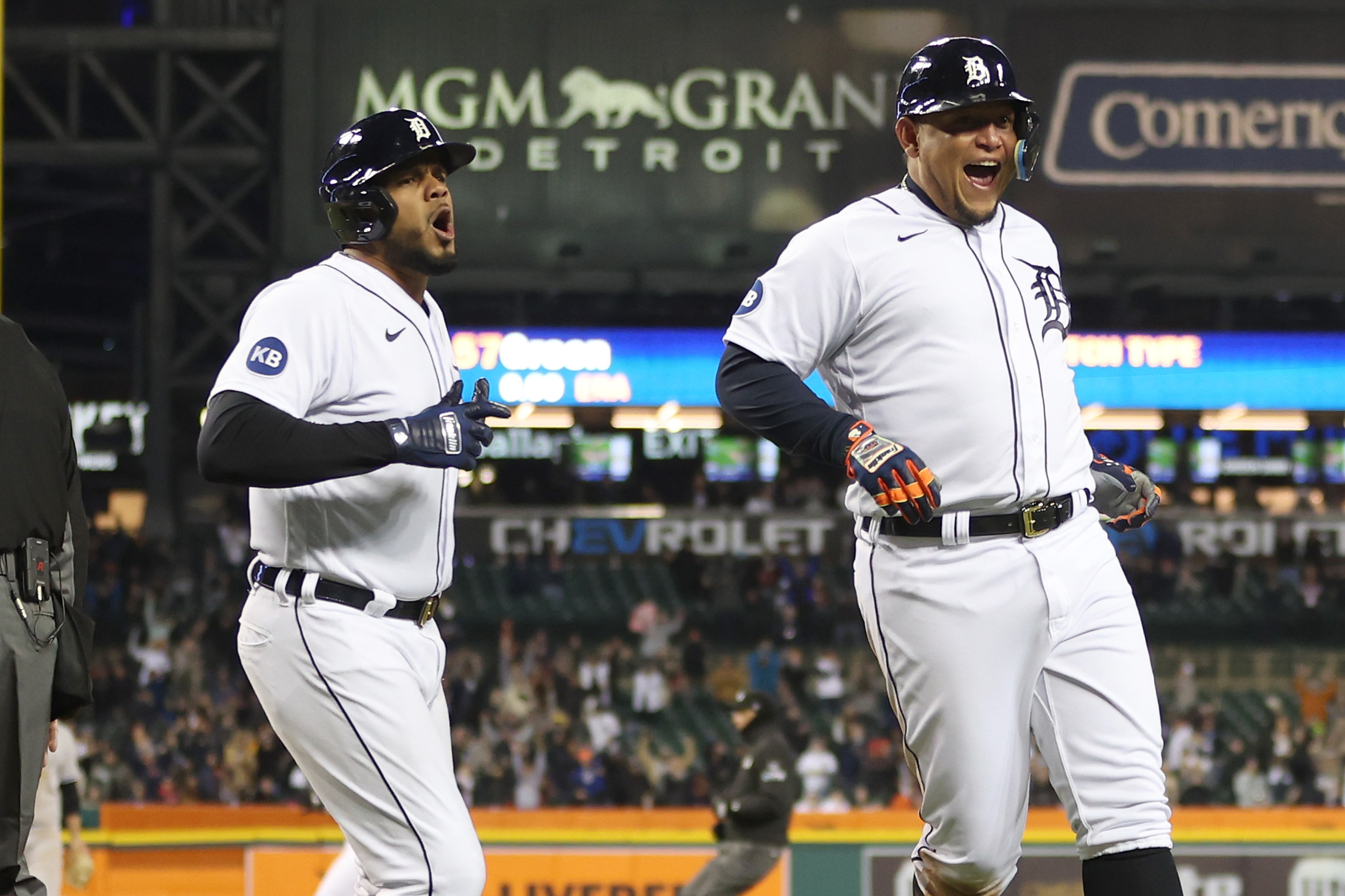 Miguel Cabrera celebrates scoring a run