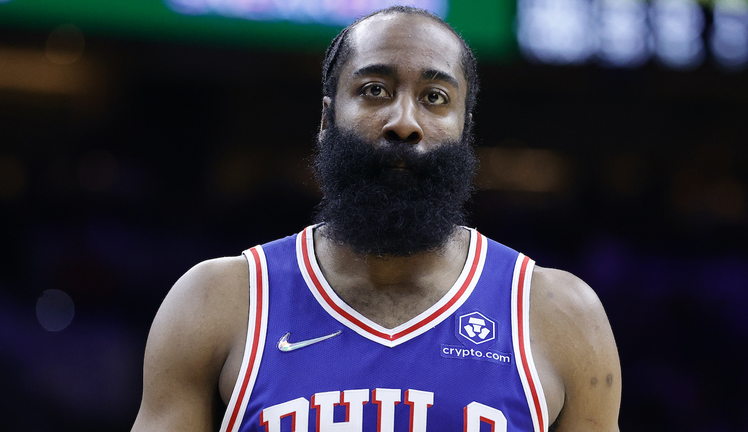 PHILADELPHIA, PENNSYLVANIA - APRIL 25: James Harden #1 of the Philadelphia 76ers look on in the third quarter against the Toronto Raptors during Game Five of the Eastern Conference First Round at Wells Fargo Center on April 25, 2022 in Philadelphia, Pennsylvania. NOTE TO USER: User expressly acknowledges and agrees that, by downloading and or using this photograph, User is consenting to the terms and conditions of the Getty Images License Agreement. (Photo by Tim Nwachukwu/Getty Images)