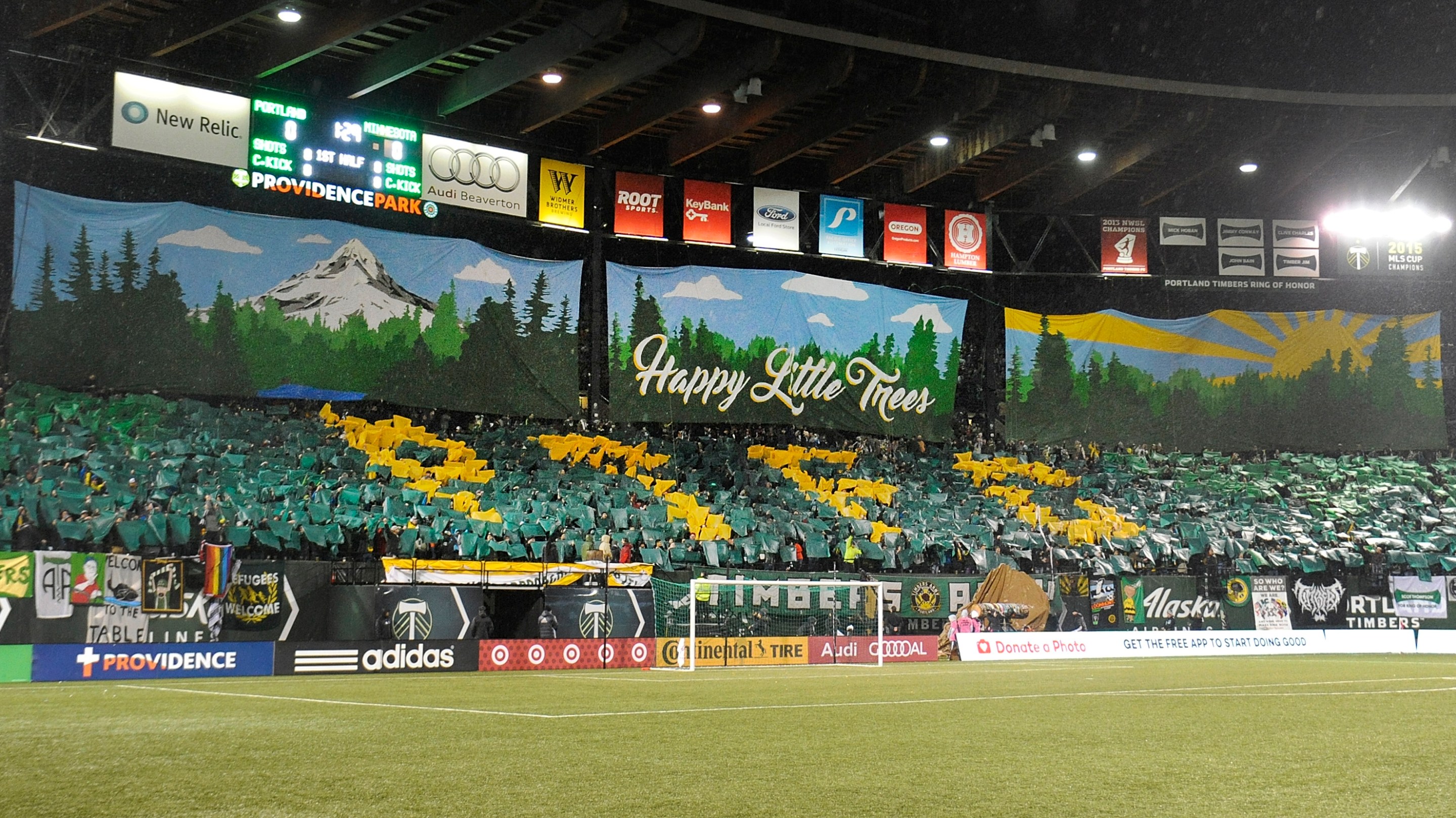 Portland Timbers fans hold up a tifo before their match against the Minnesota United at Providence Park on March 3, 2017 in Portland, Oregon.