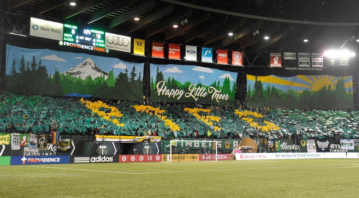 Portland Timbers fans hold up a tifo before their match against the Minnesota United at Providence Park on March 3, 2017 in Portland, Oregon.