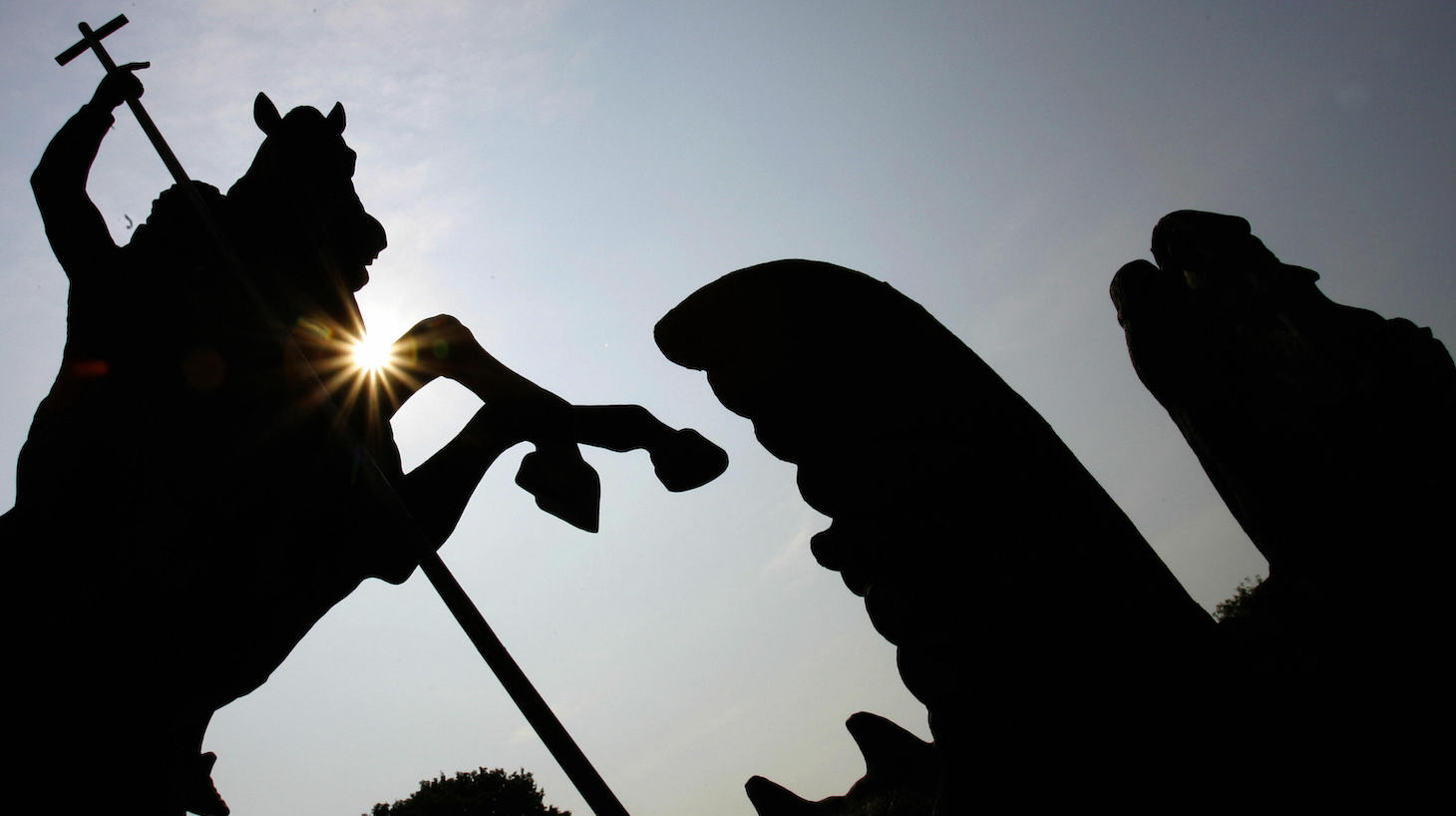 The statue of Saint George as he vanquishes the dragon of nuclear war is made of actual pieces of Soviet SS-20 and United States Pershing nuclear missles which were destroyed as a result of their historic disarmament treaty. AFP PHOTO TIMOTHY A. CLARY (Photo credit should read TIMOTHY A. CLARY/AFP via Getty Images)