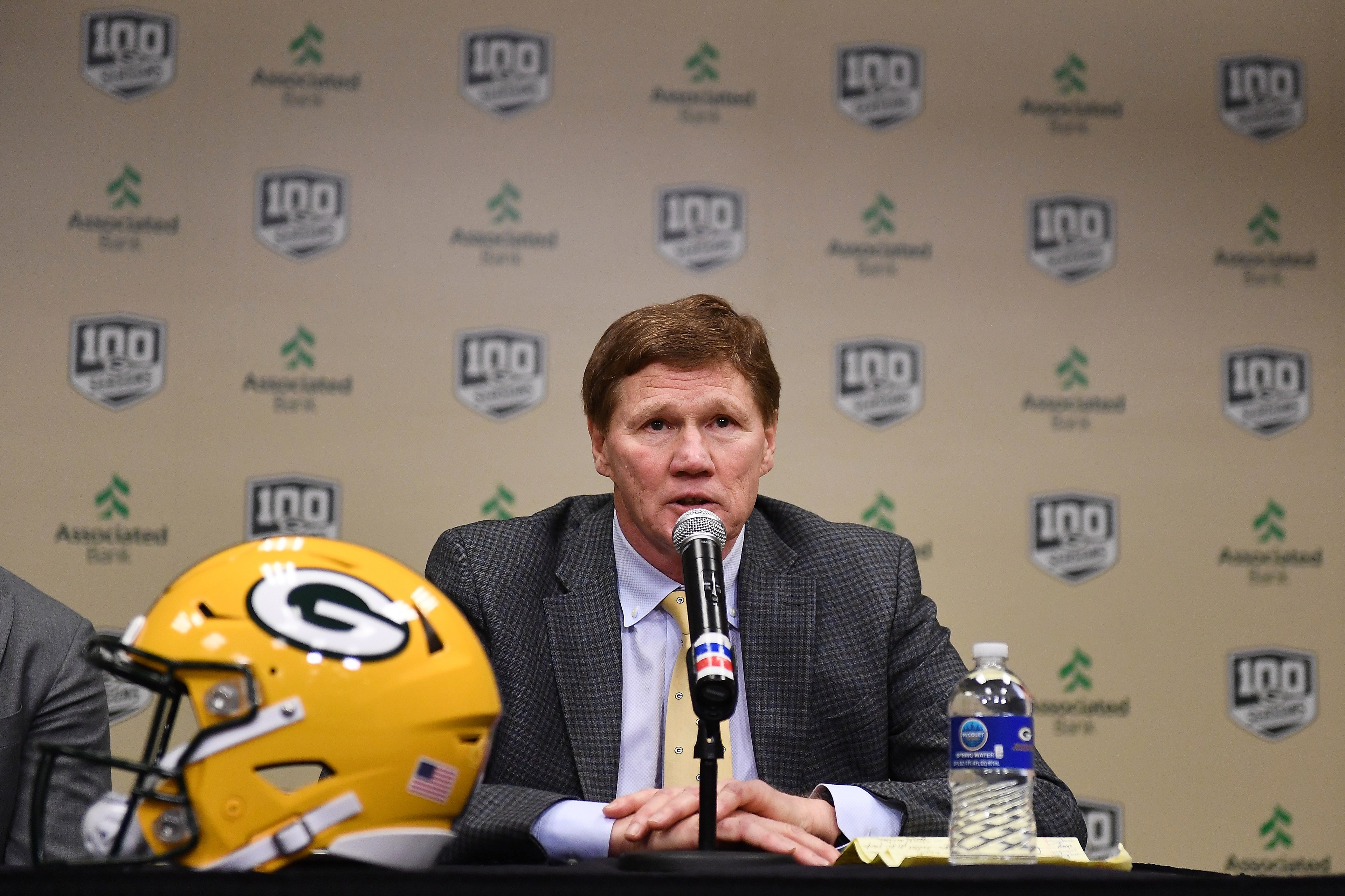 GREEN BAY, WISCONSIN - JANUARY 09: President and CEO of Green Bay Packers Mark Murphy introduces Matt LaFleur (not in frame) as head coach of the Green Bay Packers at Lambeau Field on January 09, 2019 in Green Bay, Wisconsin.
