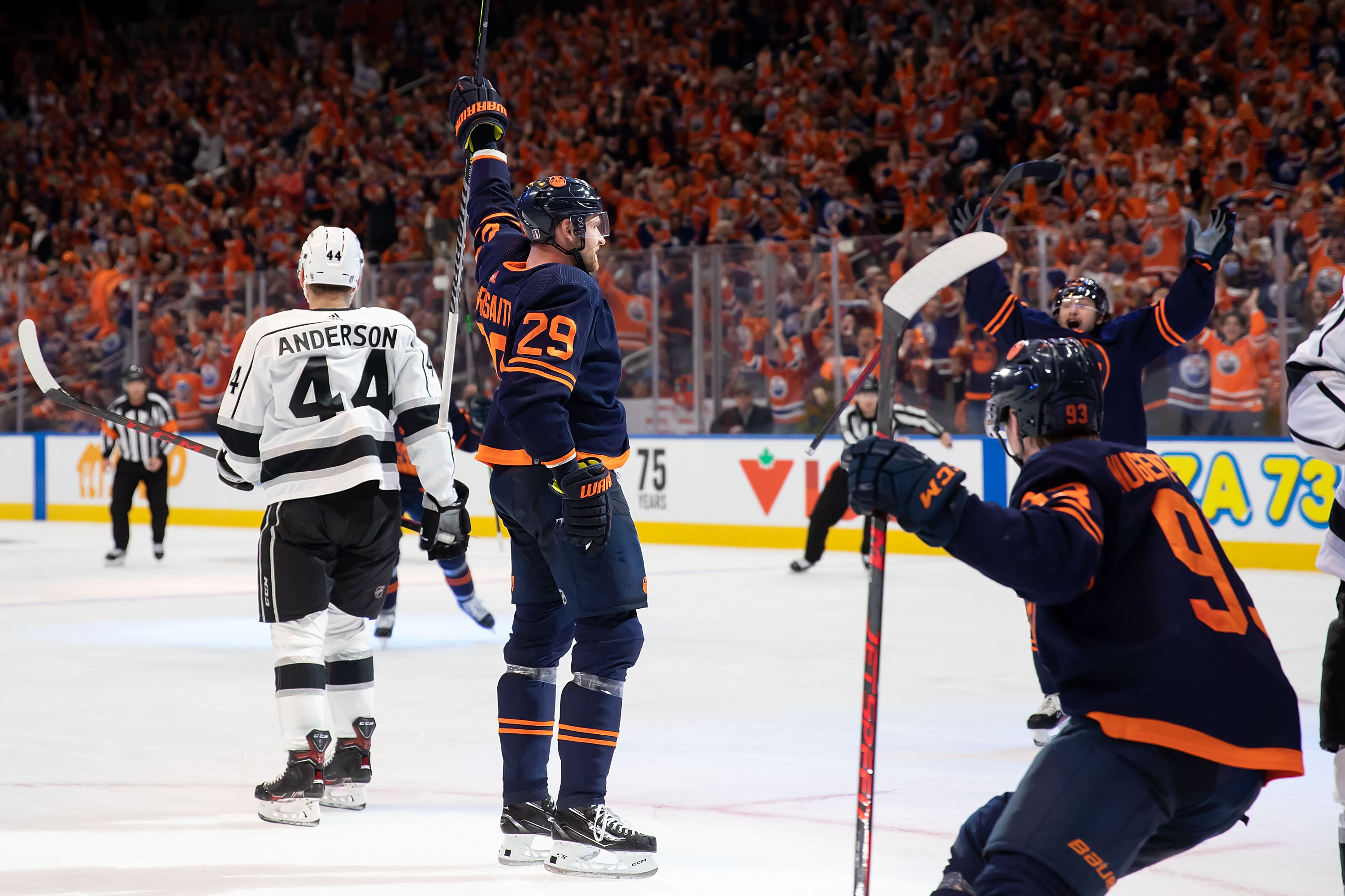 EDMONTON, AB - MAY 02: Leon Draisaitl #29 of the Edmonton Oilers celebrates a goal against the Los Angeles Kings during the second period in Game One of the First Round of the 2022 Stanley Cup Playoffs at Rogers Place on May 2, 2022 in Edmonton, Canada.