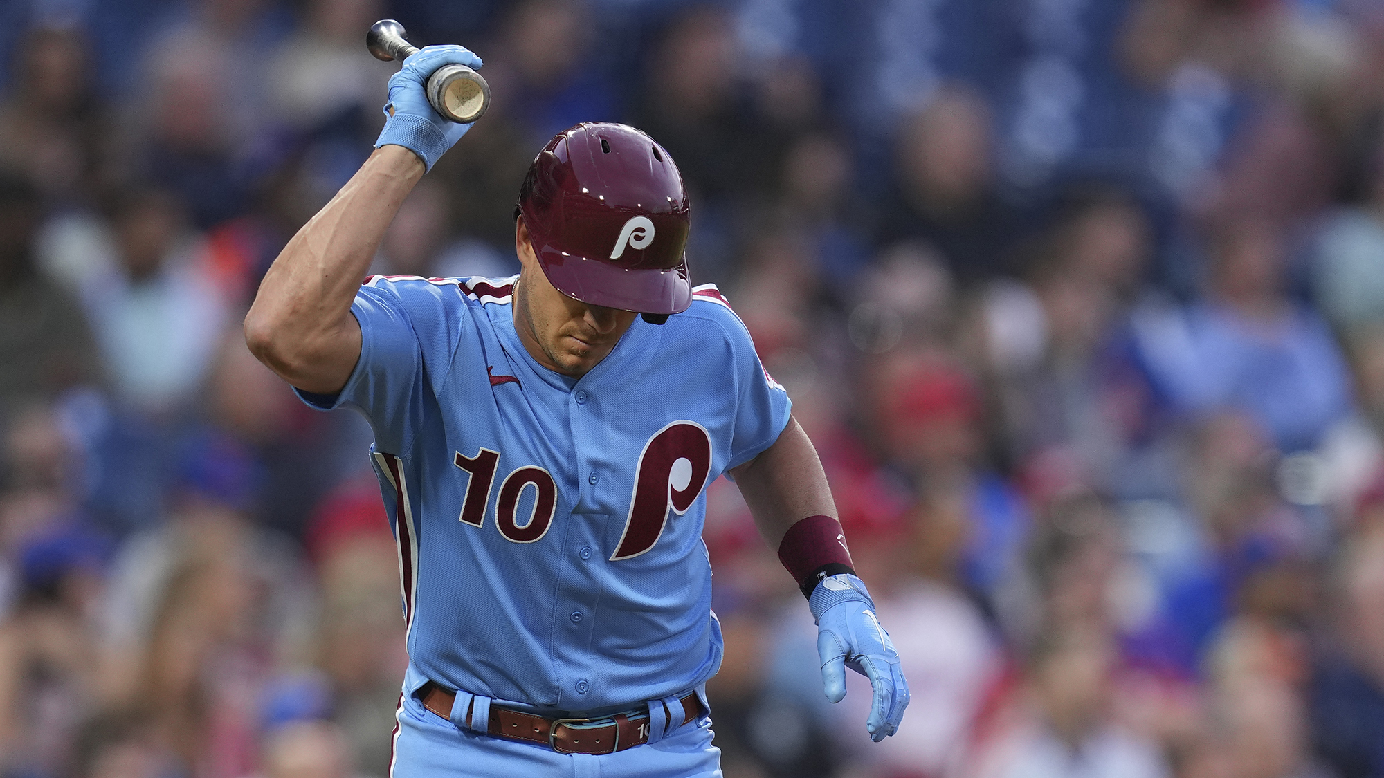J.T. Realmuto #10 of the Philadelphia Phillies reacts after lining out to end the bottom of the second inning against the New York Mets at Citizens Bank Park on May 5, 2022 in Philadelphia,