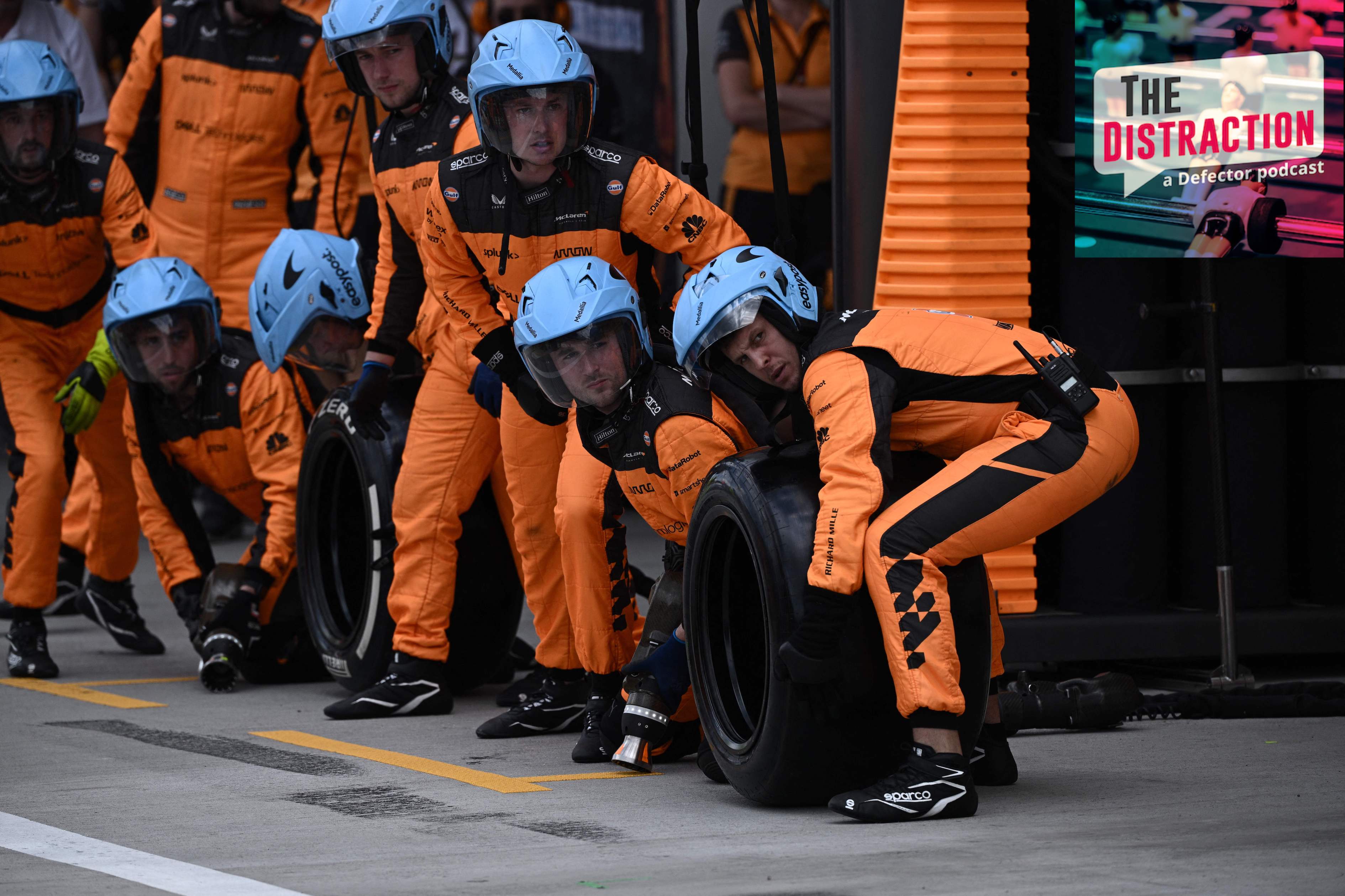The McLaren pit crew gets ready for a driver during the Miami Formula One Grand Prix.