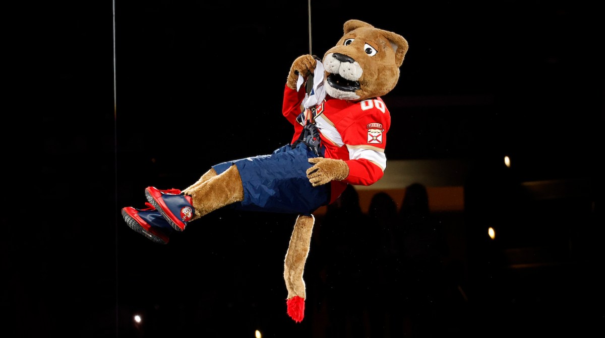 SUNRISE, FL - MAY 24: Stanley C Panther the Florida Panthers mascot comes down from the catwalk prior to the game against the Tampa Bay Lightning in Game Five of the First Round of the 2021 Stanley Cup Playoffs at the BB&amp;T Center on May 24, 2021 in Sunrise, Florida. (Photo by Joel Auerbach/Getty Images) *** Local Caption *** Stanley C Panther