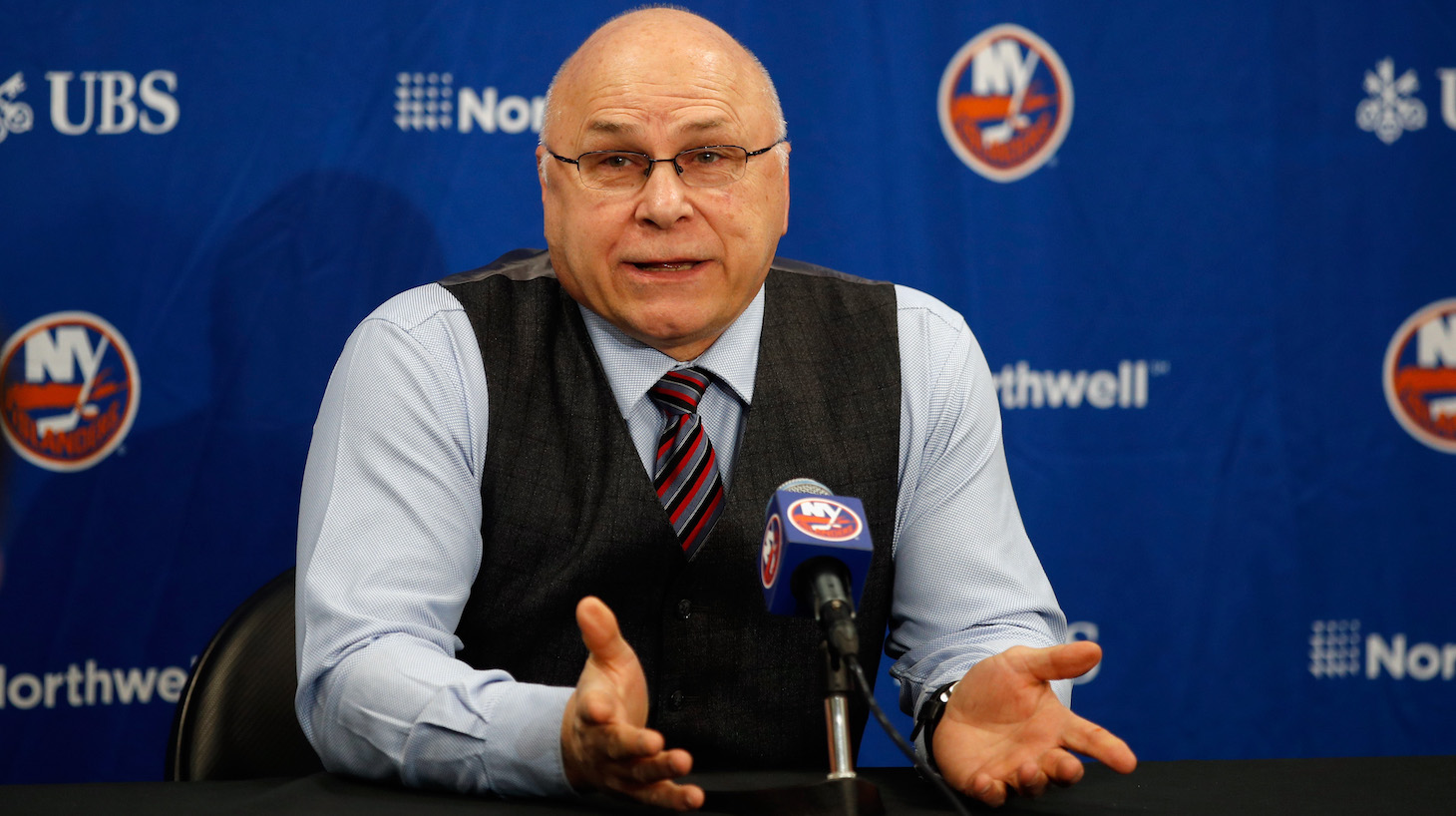 ELMONT, NEW YORK - MARCH 03: Head coach Barry Trotz of the New York Islanders speaks with the media prior to the game against the Vancouver Canucks at the UBS Arena on March 03, 2022 in Elmont, New York. (Photo by Bruce Bennett/Getty Images)