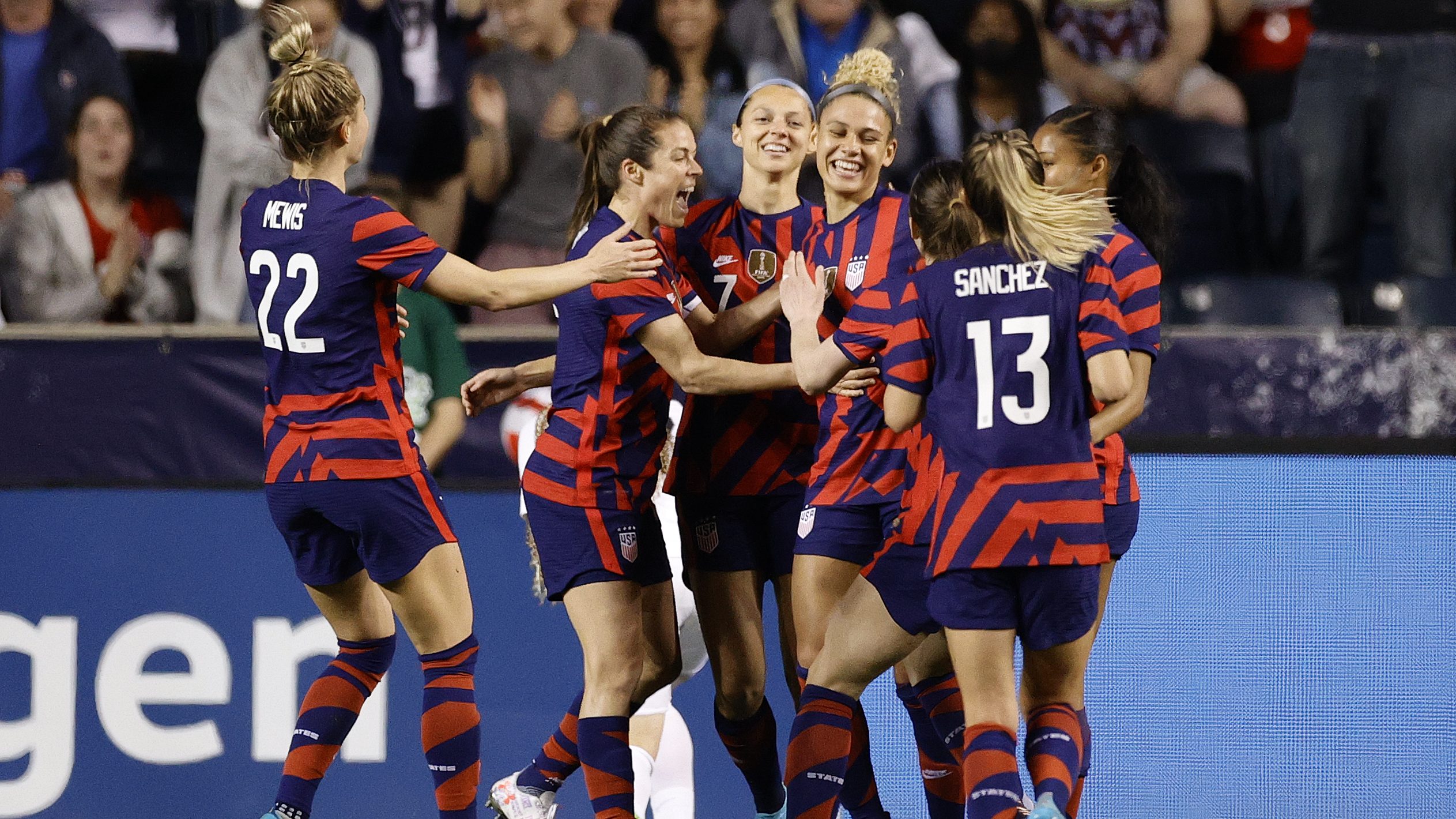 The United States celebrate a goal by Trinity Rodman #14 (C-R) during the second half against Uzbekistan at Subaru Park on April 12, 2022 in Chester, Pennsylvania.