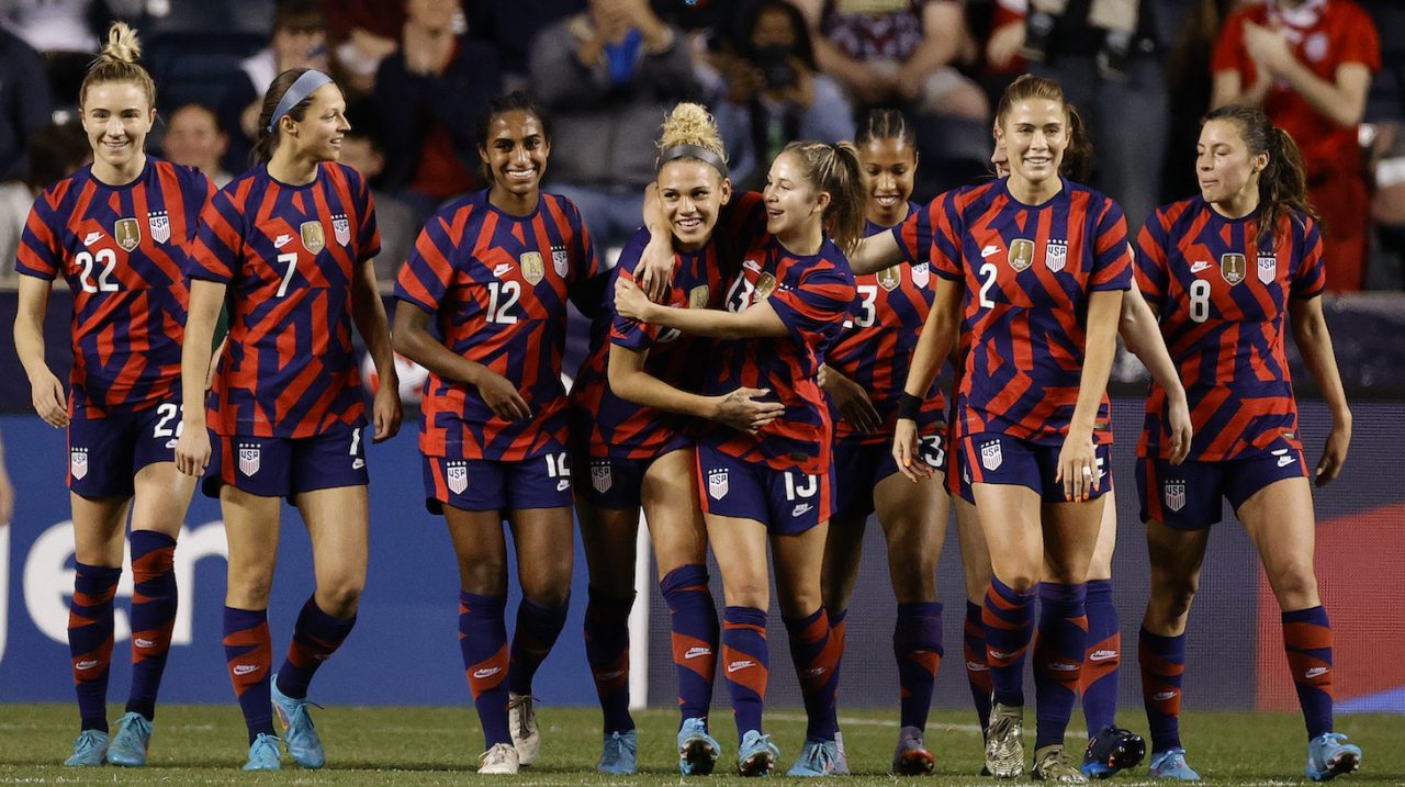 The United States celebrate a goal by Trinity Rodman during the second half against Uzbekistan at Subaru Park on April 12, 2022 in Chester, Pennsylvania.