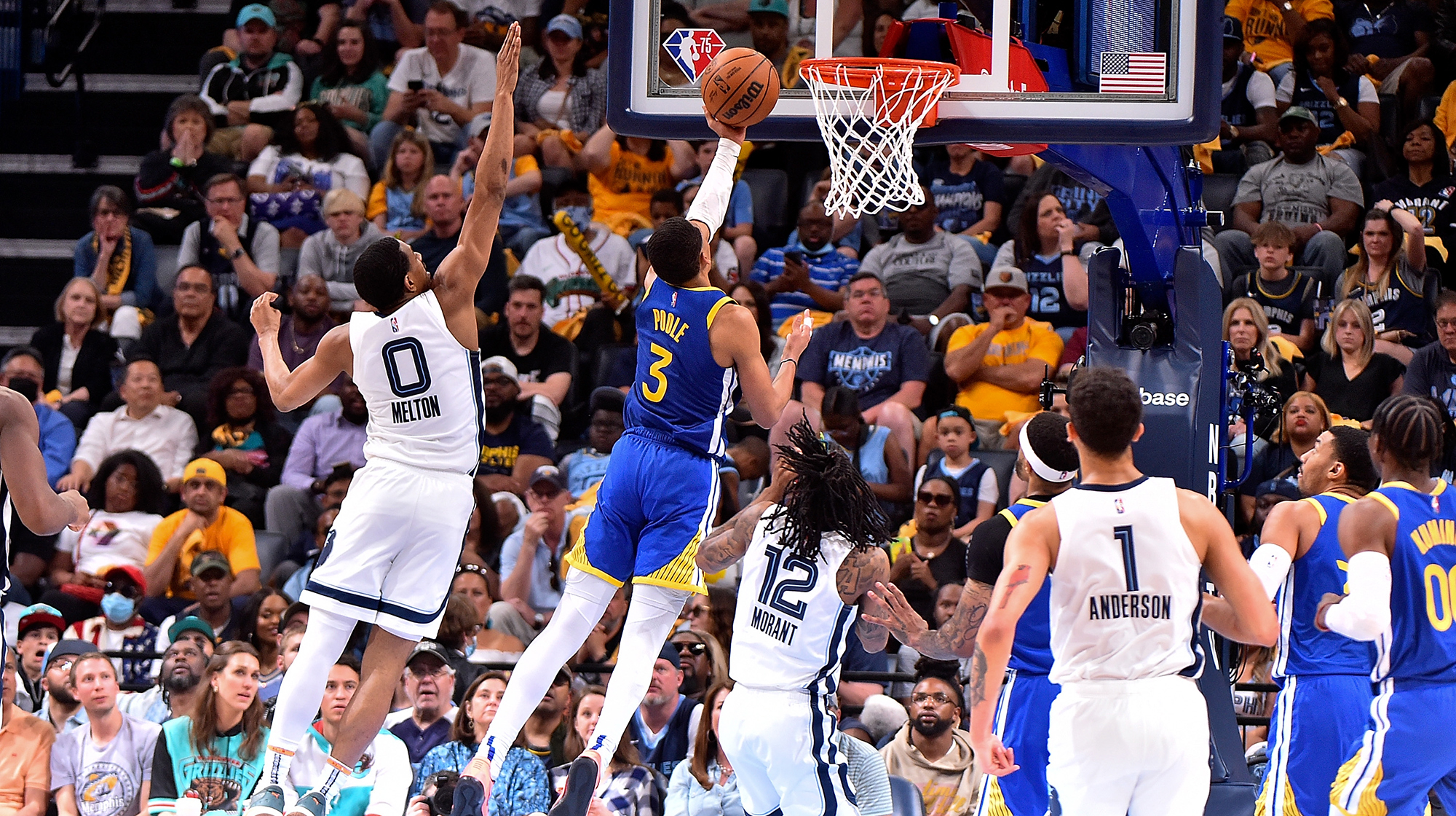 Jordan Poole #3 of the Golden State Warriors goes to the basket against De'Anthony Melton #0 of the Memphis Grizzlies during Game One of the Western Conference Semifinals of the NBA Playoffs at FedExForum on May 01, 2022 in Memphis, Tennessee.