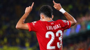 Luis Diaz of Liverpool celebrates scoring his side's 2nd goal during the UEFA Champions League Semi Final Leg Two match between Villarreal and Liverpool at Estadio de la Ceramica on May 03, 2022 in Villarreal, Spain.