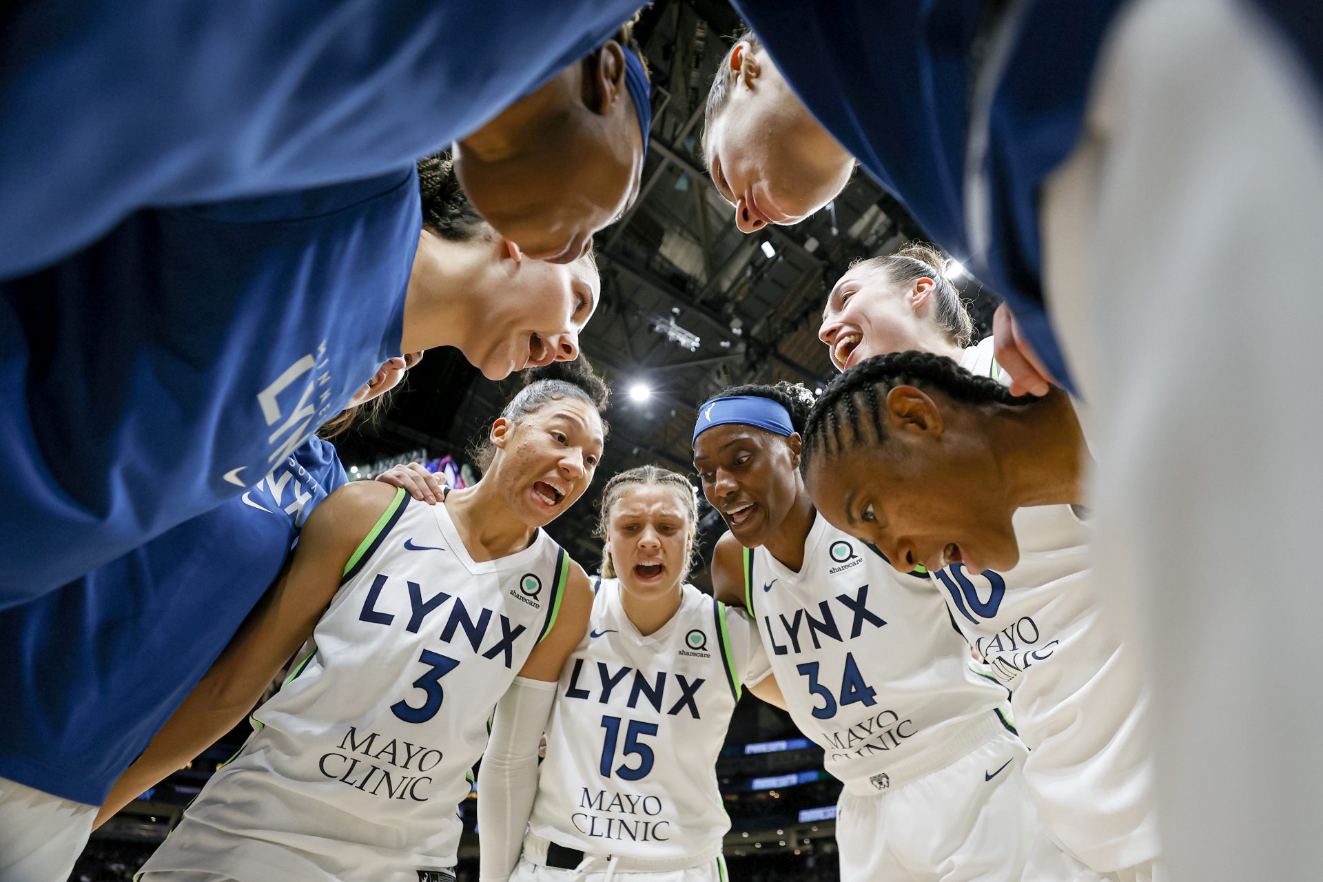 SEATTLE, WASHINGTON - MAY 06: Minnesota Lynx gather before the game against the Seattle Storm at Climate Pledge Arena on May 06, 2022 in Seattle, Washington.