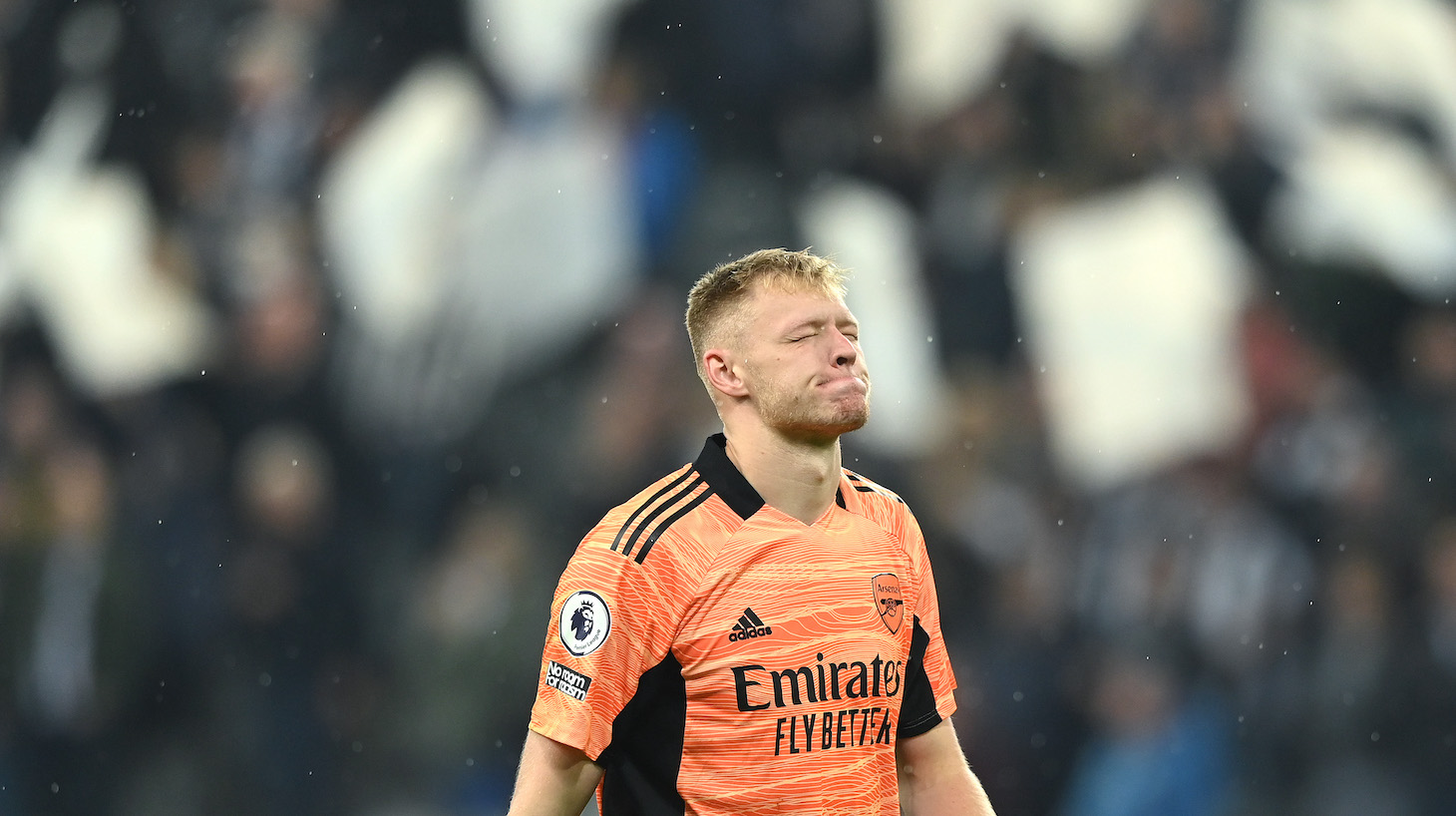 Arsenal goalkeeper Aaron Ramsdale reacts after the Premier League match between Newcastle United and Arsenal at St. James Park on May 16, 2022 in Newcastle upon Tyne, England.