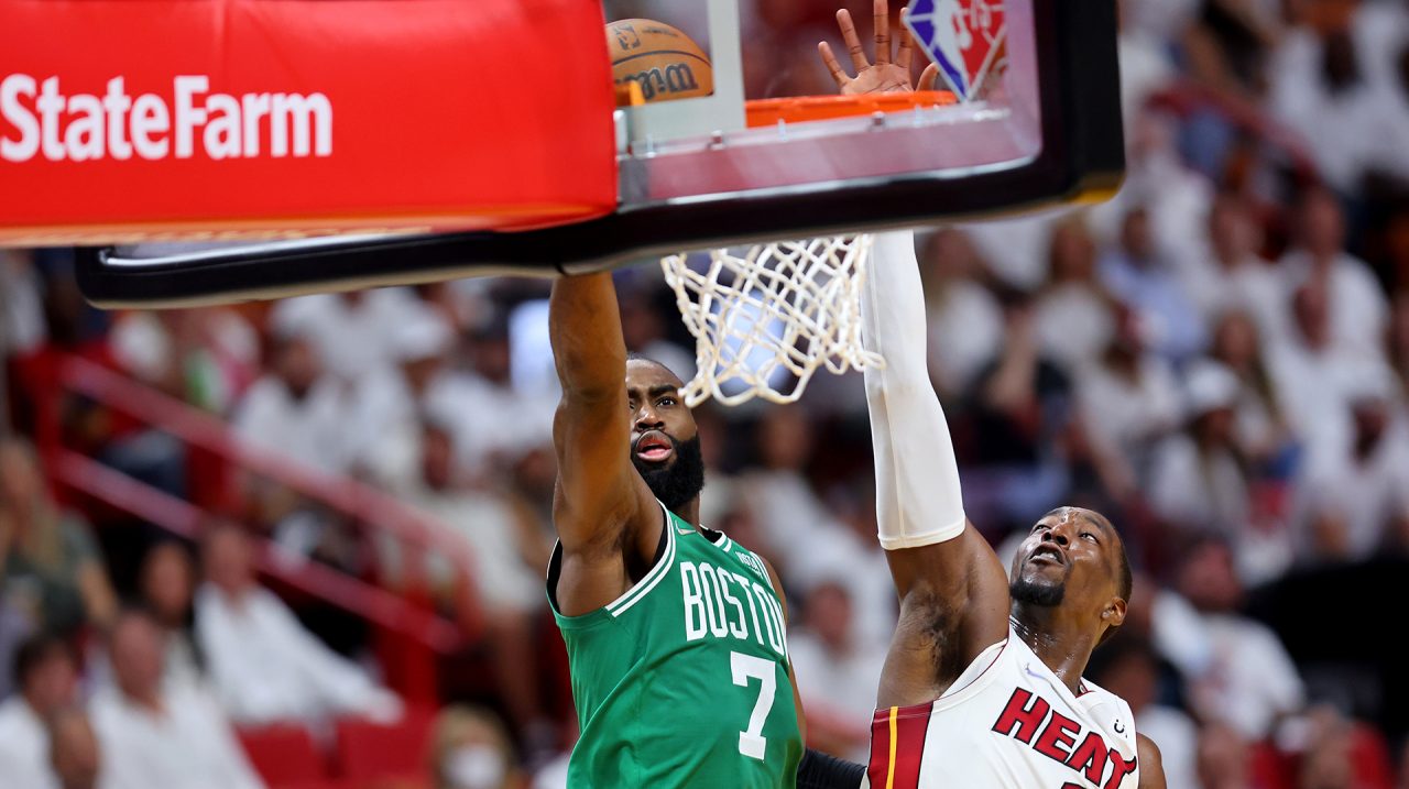 Jaylen Brown #7 of the Boston Celtics shoots the ball against Bam Adebayo #13 of the Miami Heat during the third quarter in Game One of the 2022 NBA Playoffs Eastern Conference Finals at FTX Arena on May 17, 2022 in Miami, Florida.