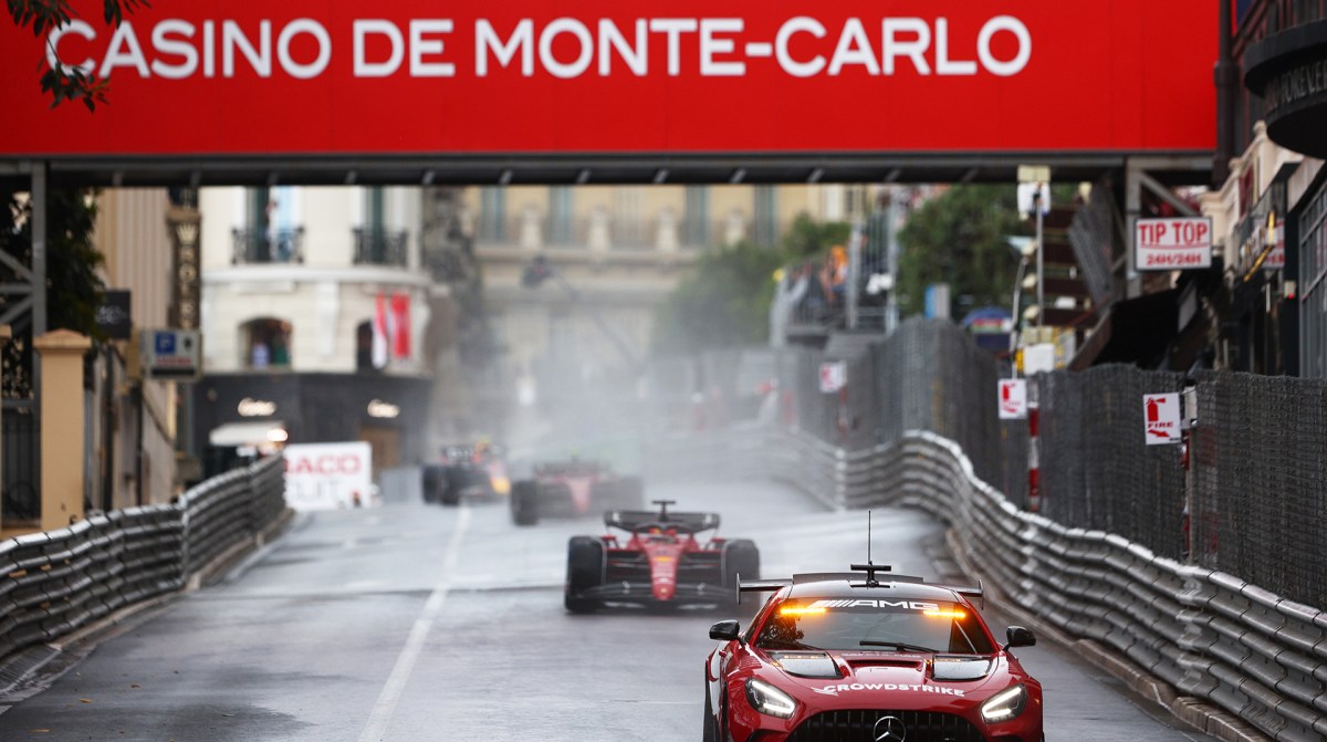 The FIA Safety Car leads the field on the formation lap during the F1 Grand Prix of Monaco at Circuit de Monaco on May 29, 2022 in Monte-Carlo, Monaco.