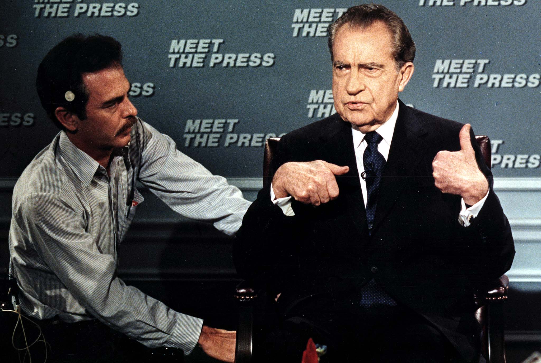 Richard Nixon preparing to go on Meet The Press in 1988.