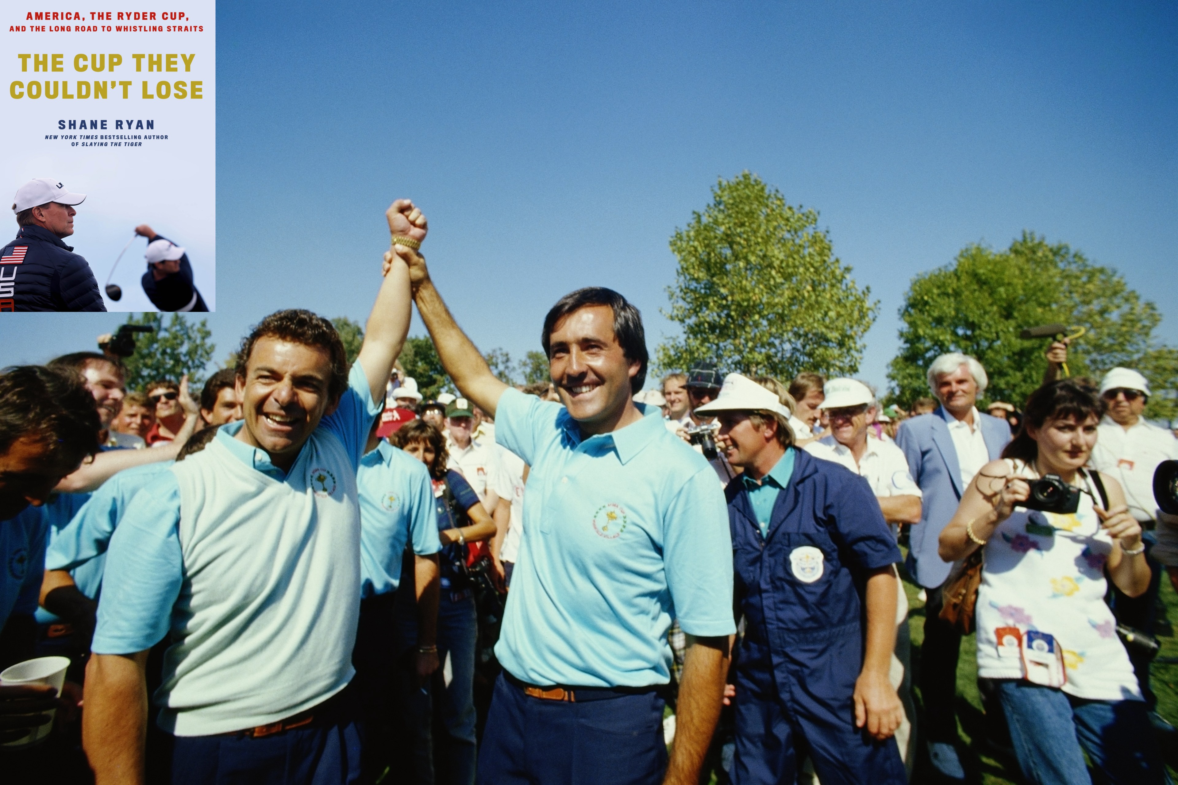 Golfers Tony Jacklin and Seve Ballesteros (right) celebrate the victory of the European team in the Ryder Cup in 1987.