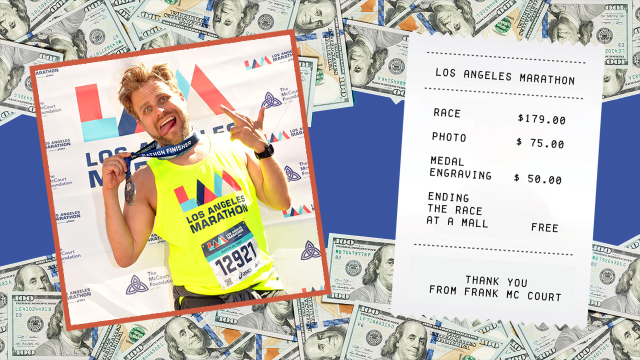 A photo of comedian Adam Conover after he finished the LA marathon.He's wearing a yellow marathon tank top, with a medal around his neck. He's making a "this sucked" face and giving the bird. There's also a receipt showing the fees the marathon charged him for participation. In the background wallpaper, there's scattered $100 bills.