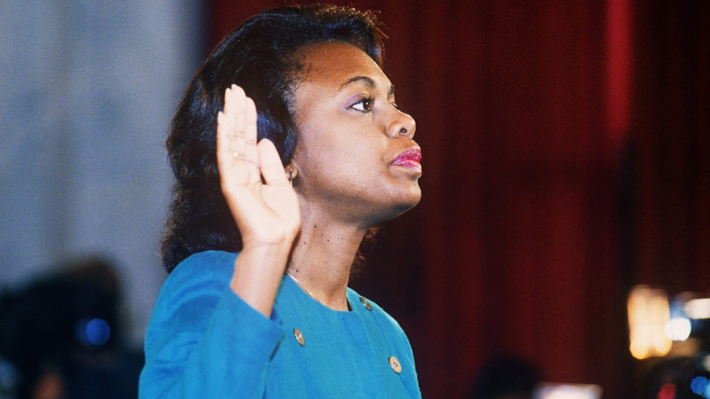 US law professor Anita Hill takes oath, 12 October 1991, before the Senate Judiciary Committee in Washington D.C.. Hill filed sexual harassment charges against US Supreme Court nominee Clarence Thomas.