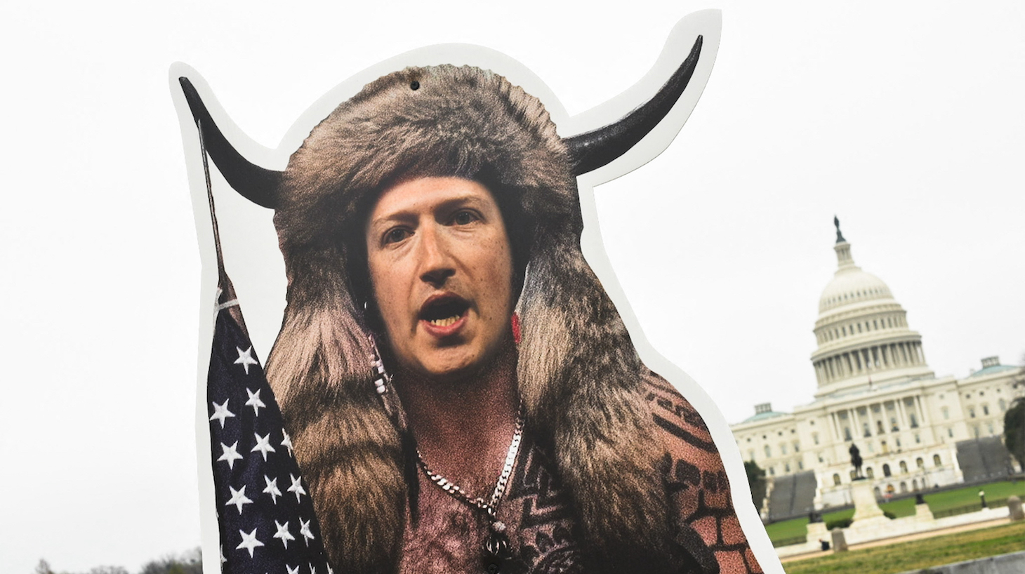 An effigy of Facebook CEO, Mark Zuckerberg, dressed as a January 6, 2021, insurrectionist is placed near the US Capitol in Washington, DC, on March 25, 2021. - Protester set up effigies of Big Tech CEO's as the US Congress holds hearings March 25 about the spread of disinformation and misinformation on their platforms. (Photo by MANDEL NGAN / AFP) (Photo by MANDEL NGAN/AFP via Getty Images)