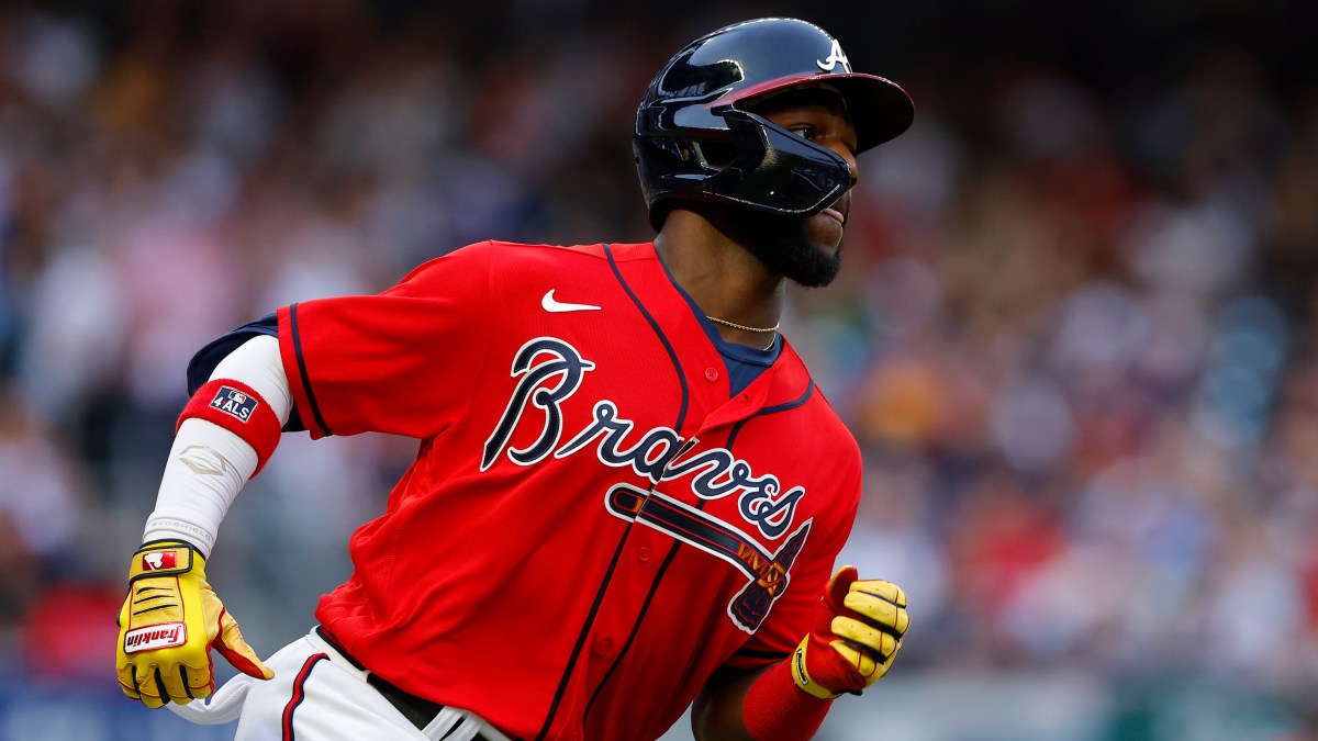 Braves rookie Michael Harris II runs out a hit in a home game.