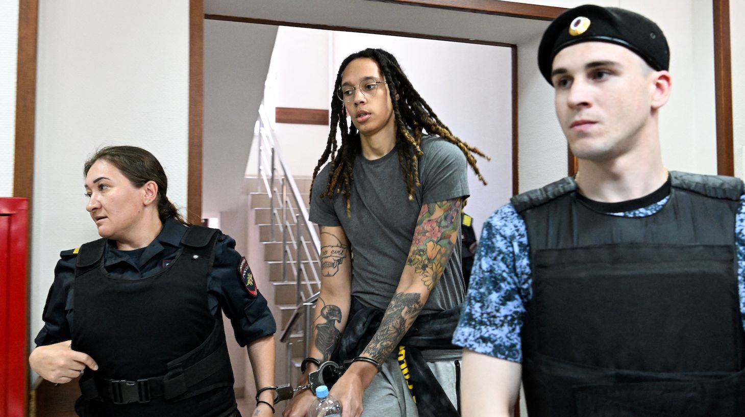 US WNBA basketball superstar Brittney Griner arrives to a hearing at the Khimki Court, outside Moscow on June 27, 2022.
