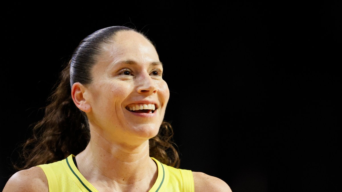 Sue Bird #10 of the Seattle Storm looks on during the first quarter against the Washington Mystics at Angel of the Winds Arena on September 07, 2021 in Everett, Washington.