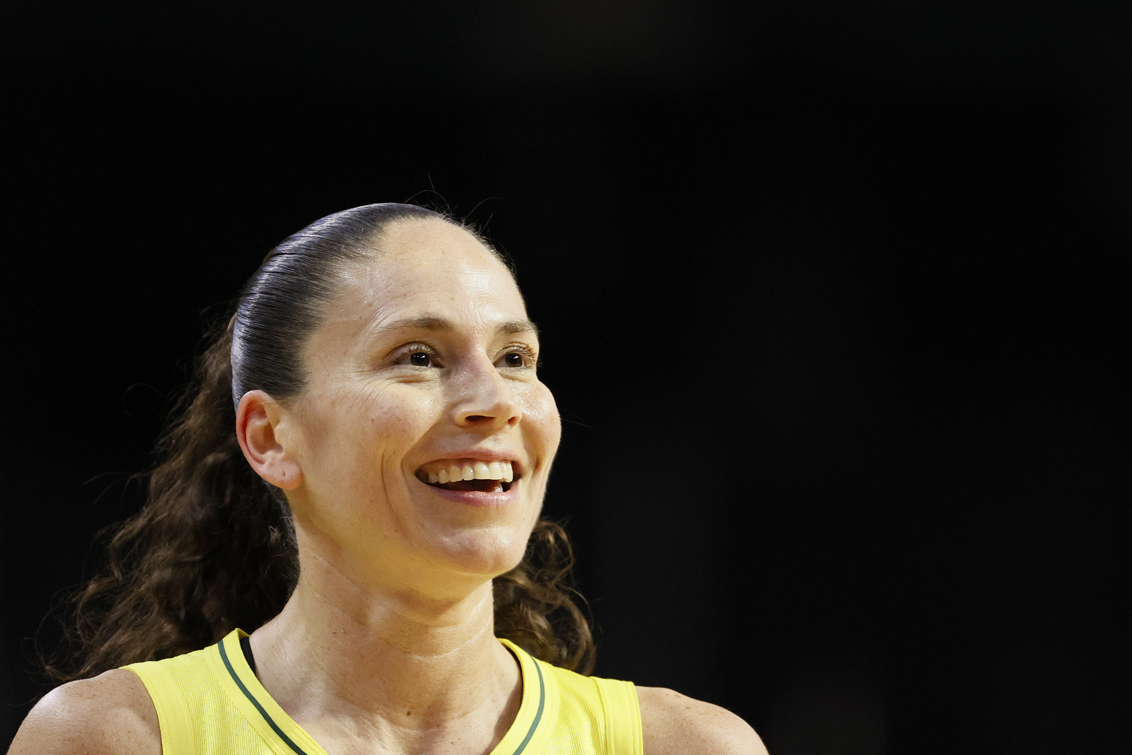 Sue Bird #10 of the Seattle Storm looks on during the first quarter against the Washington Mystics at Angel of the Winds Arena on September 07, 2021 in Everett, Washington.