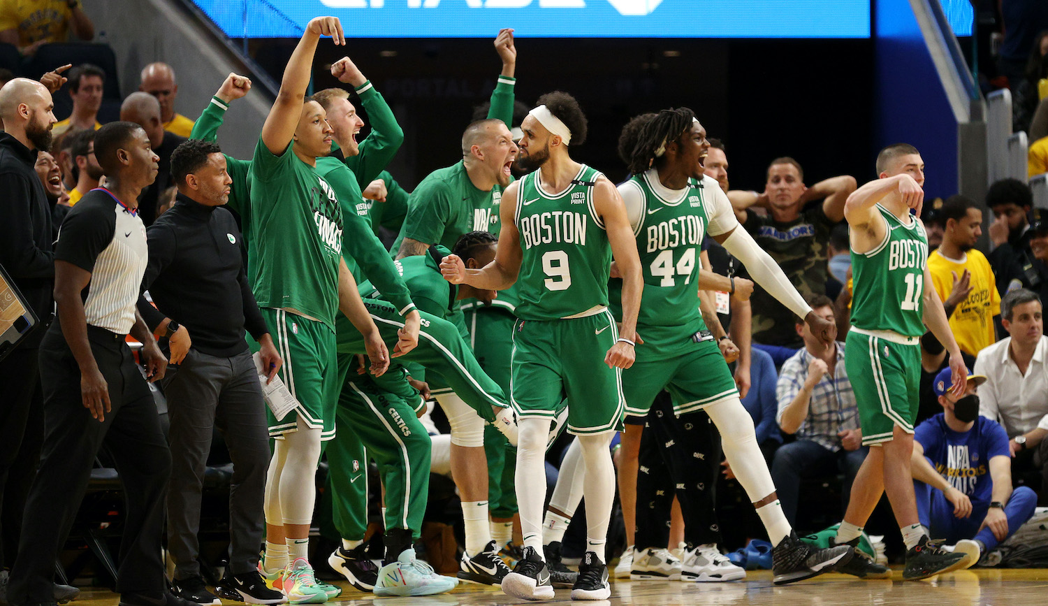 SAN FRANCISCO, CALIFORNIA - JUNE 02: Derrick White #9 of the Boston Celtics reacts during the fourth quarter against the Golden State Warriors in Game One of the 2022 NBA Finals at Chase Center on June 02, 2022 in San Francisco, California. NOTE TO USER: User expressly acknowledges and agrees that, by downloading and/or using this photograph, User is consenting to the terms and conditions of the Getty Images License Agreement. (Photo by Ezra Shaw/Getty Images)