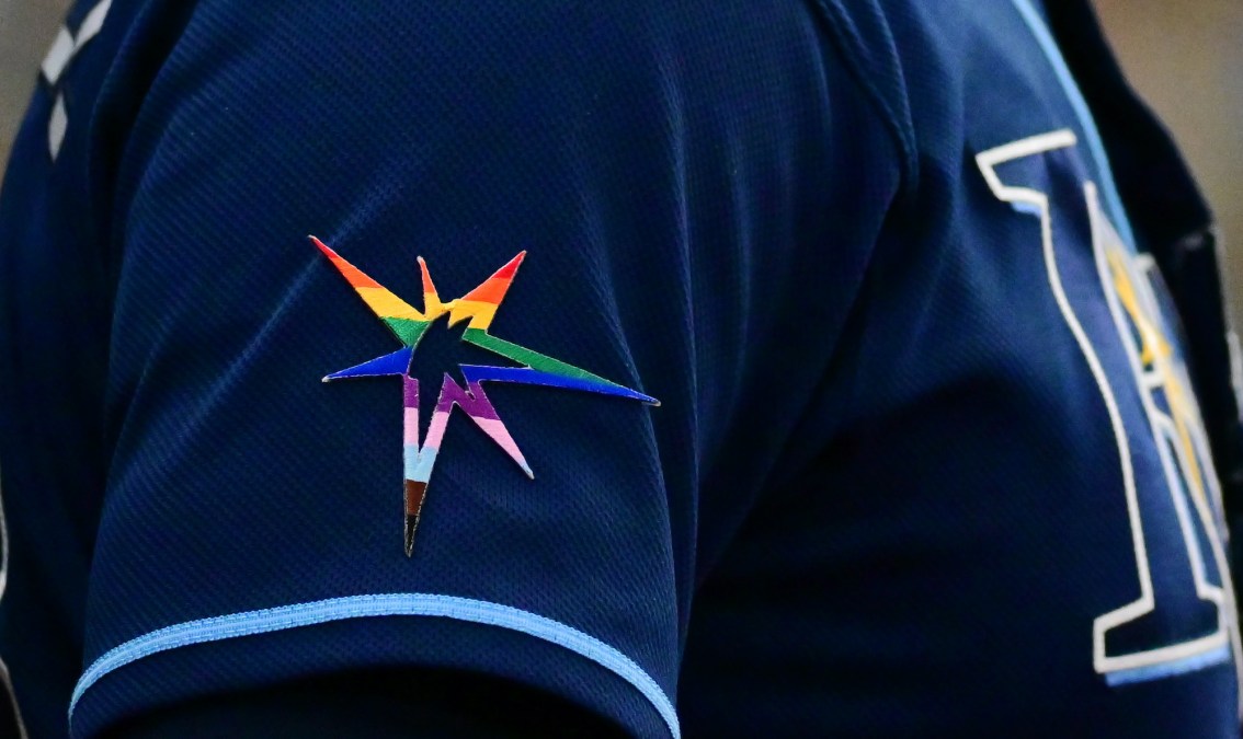 A detail of the Tampa Bay Rays pride burst logo celebrating Pride Month during a game against the Chicago White Sox at Tropicana Field on June 04, 2022 in St Petersburg, Florida.
