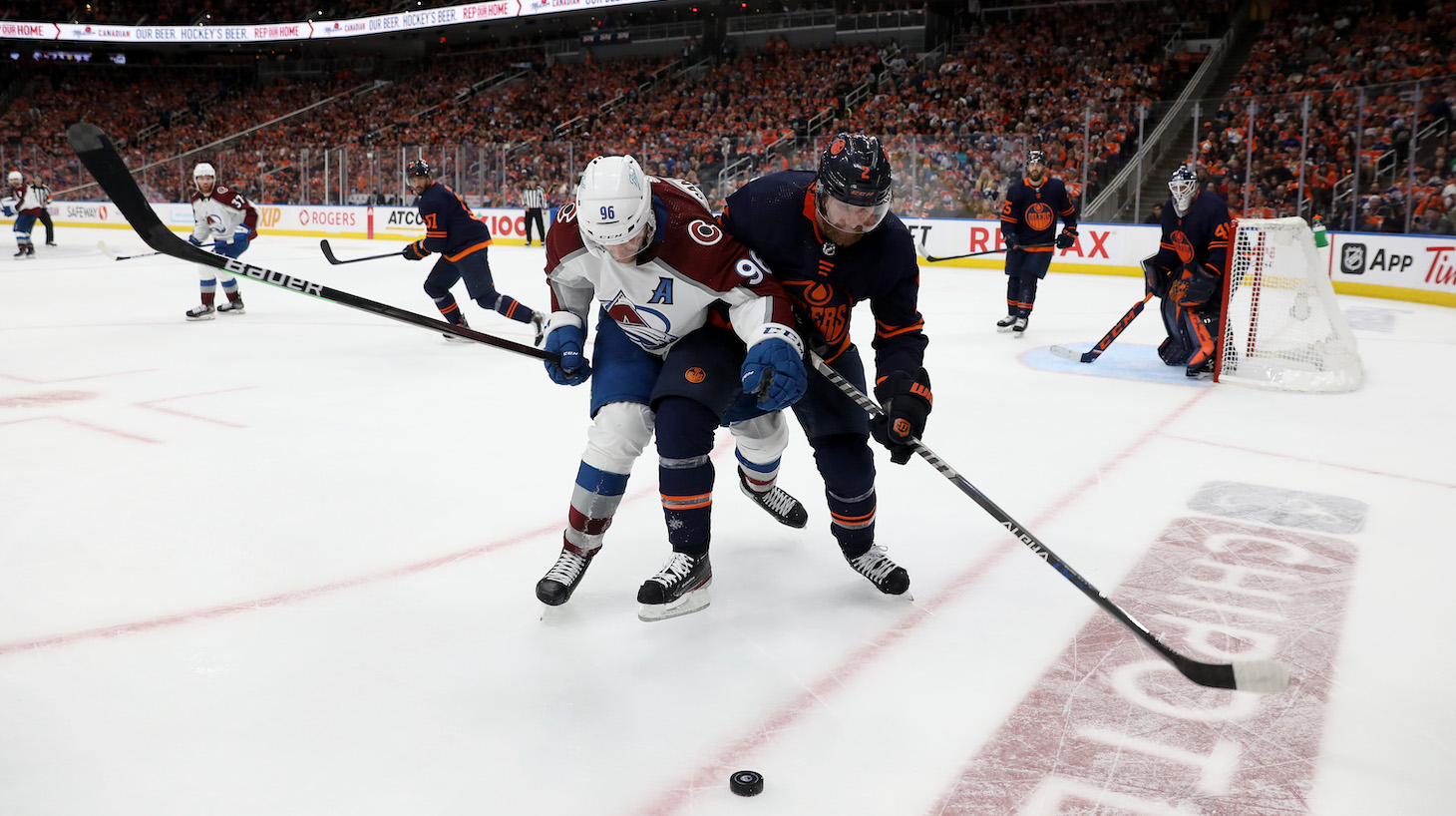 EDMONTON, ALBERTA - JUNE 04: Mikko Rantanen #96 of the Colorado Avalanche skates against Duncan Keith #2 of the Edmonton Oilers in the third period in Game Three of the Western Conference Final of the 2022 Stanley Cup Playoffs at Rogers Place on June 04, 2022 in Edmonton, Alberta. (Photo by Codie McLachlan/Getty Images)
