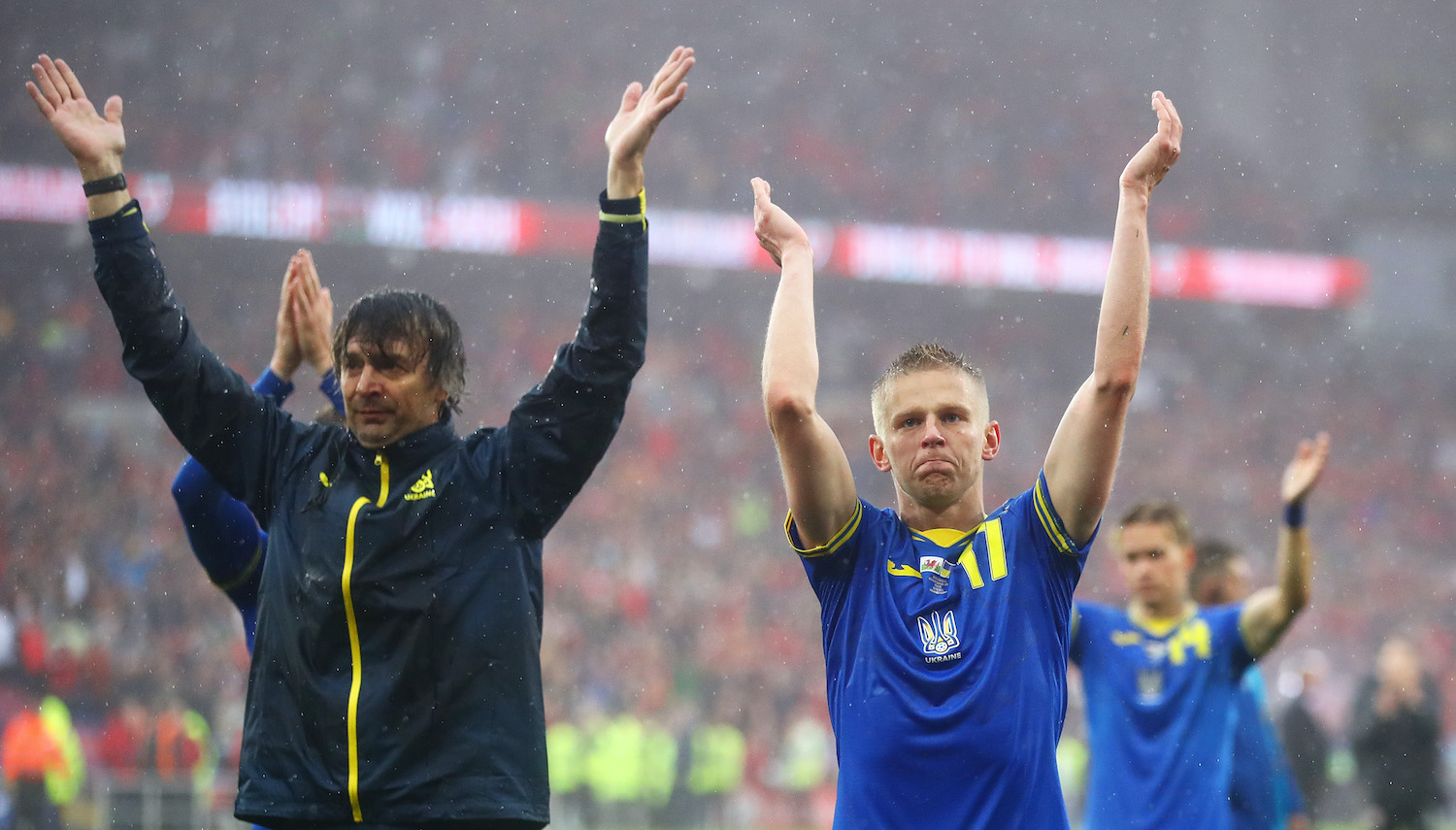 CARDIFF, WALES - JUNE 05: Oleksandr Zinchenko of Ukraine applauds the fans after their sides defeat during the FIFA World Cup Qualifier between Wales and Ukraine at Cardiff City Stadium on June 05, 2022 in Cardiff, Wales. (Photo by Michael Steele/Getty Images)
