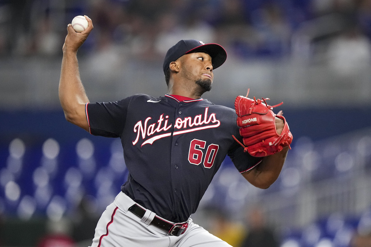 MIAMI, FLORIDA - JUNE 07: Joan Adon #60 of the Washington Nationals throws a pitch during the second inning against the Miami Marlins at loanDepot park on June 07, 2022 in Miami, Florida. (Photo by Eric Espada/Getty Images)