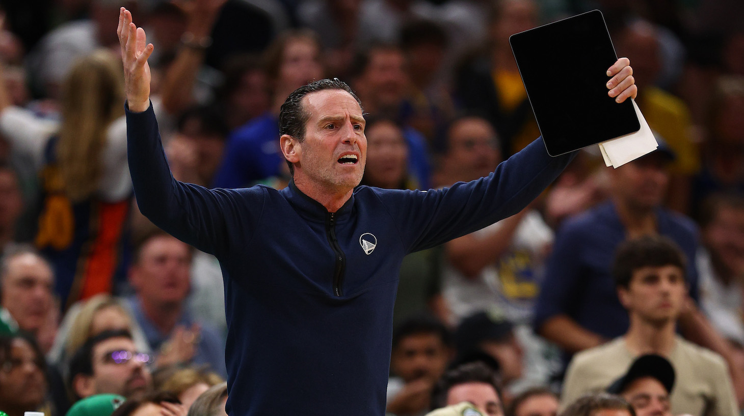 Assistant coach Kenny Atkinson reacts to a play in the third quarter against the Boston Celtics during Game Four of the 2022 NBA Finals at TD Garden on June 10, 2022 in Boston, Massachusetts.