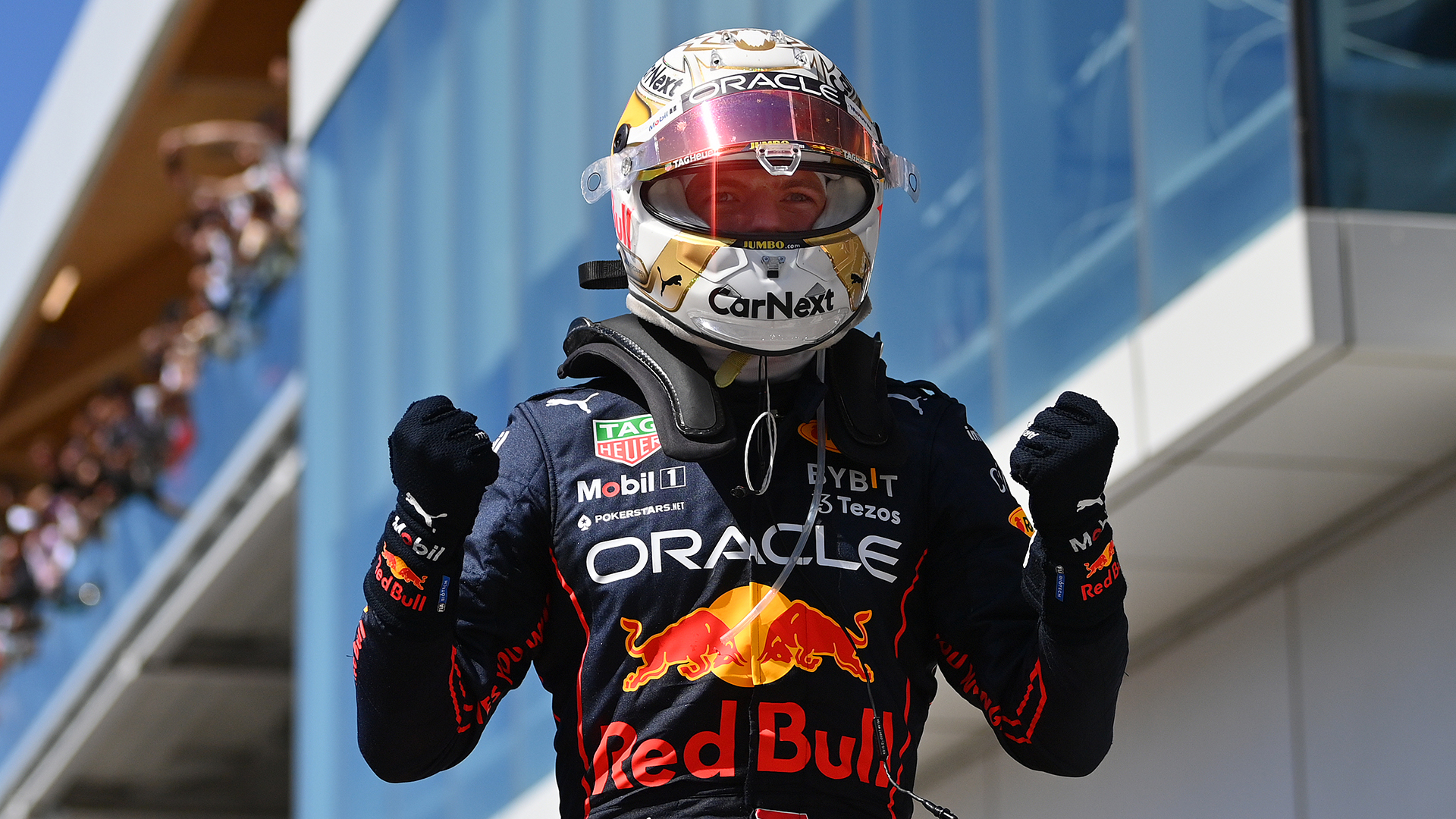 Race winner Max Verstappen of the Netherlands and Oracle Red Bull Racing celebrates in parc ferme during the F1 Grand Prix of Canada at Circuit Gilles Villeneuve on June 19, 2022 in Montreal, Quebec.