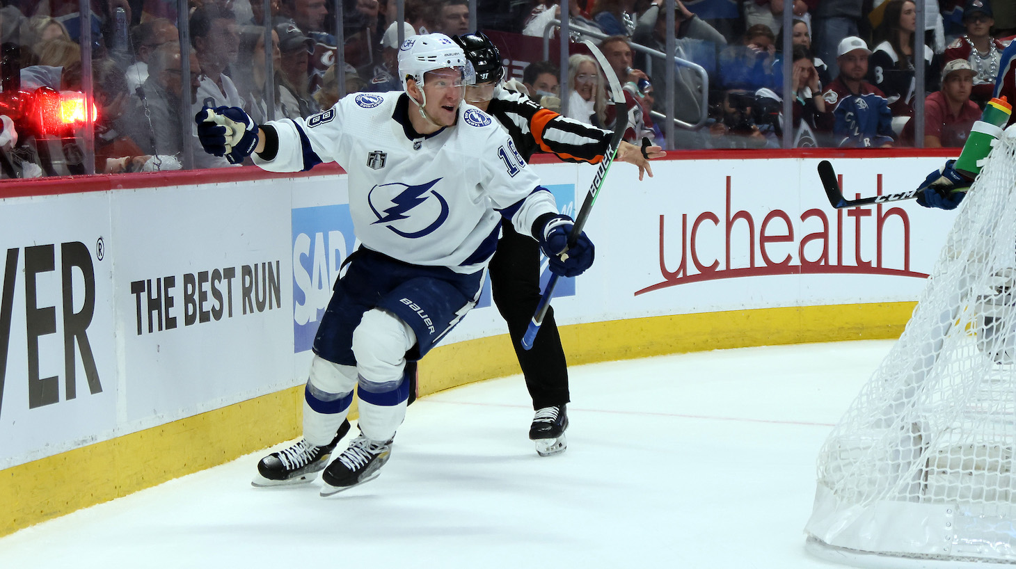 DENVER, COLORADO - JUNE 24: Ondrej Palat #18 of the Tampa Bay Lightning celebrates a goal during the third period in Game Five of the 2022 NHL Stanley Cup Final against the Colorado Avalanche at Ball Arena on June 24, 2022 in Denver, Colorado. (Photo by Bruce Bennett/Getty Images)