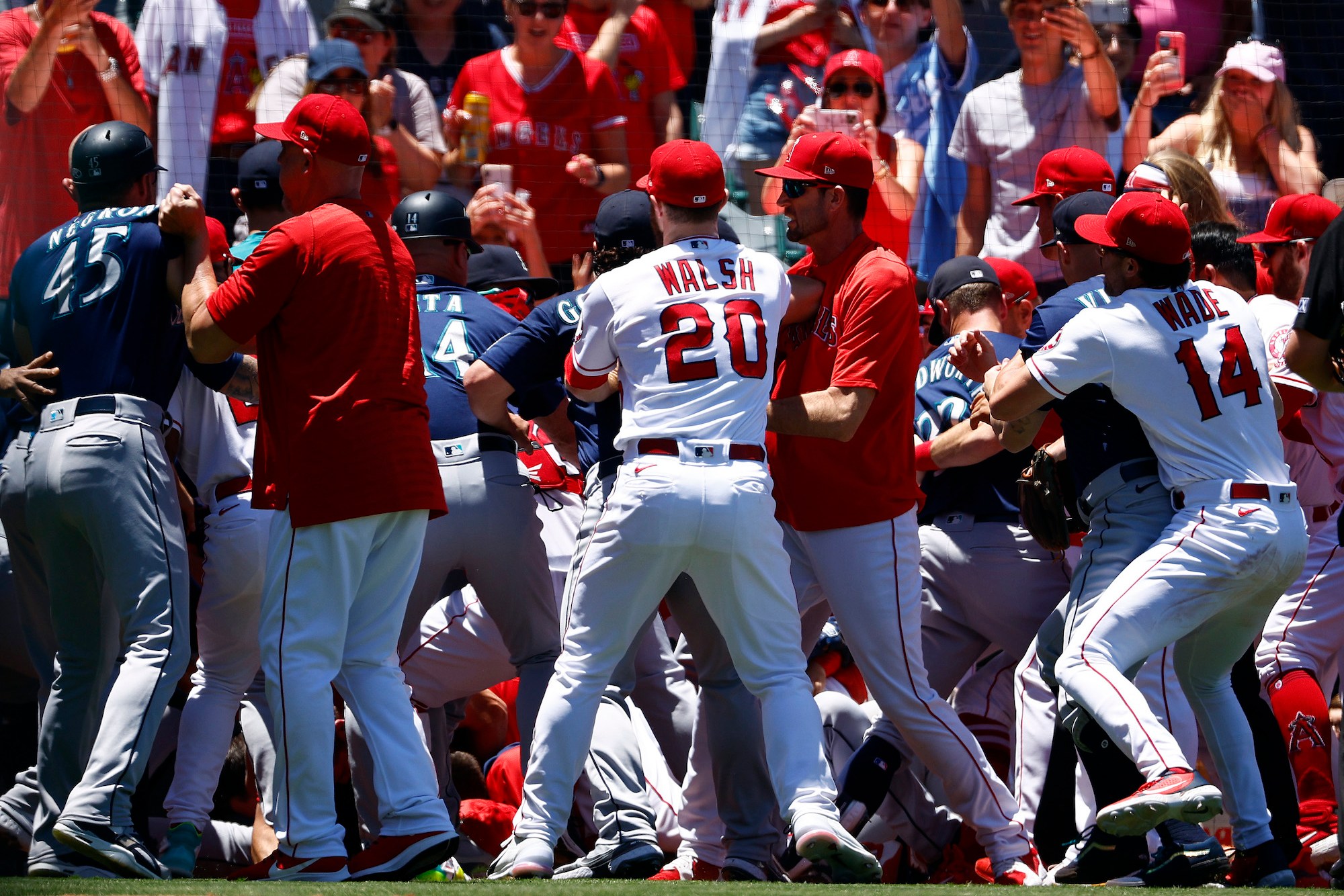 ANAHEIM, CALIFORNIA - JUNE 26: The Seattle Mariners and the Los Angeles Angels clear the benches after Jesse Winker #27 of the Seattle Mariners charged the Angels dugout after being hit by a pitch in the second inning at Angel Stadium of Anaheim on June 26, 2022 in Anaheim, California. (Photo by Ronald Martinez/Getty Images)