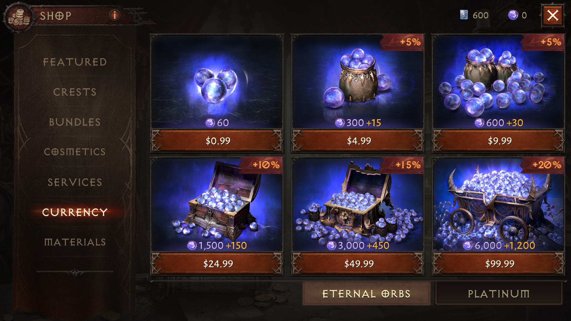 Currency shop in Diablo Immortal