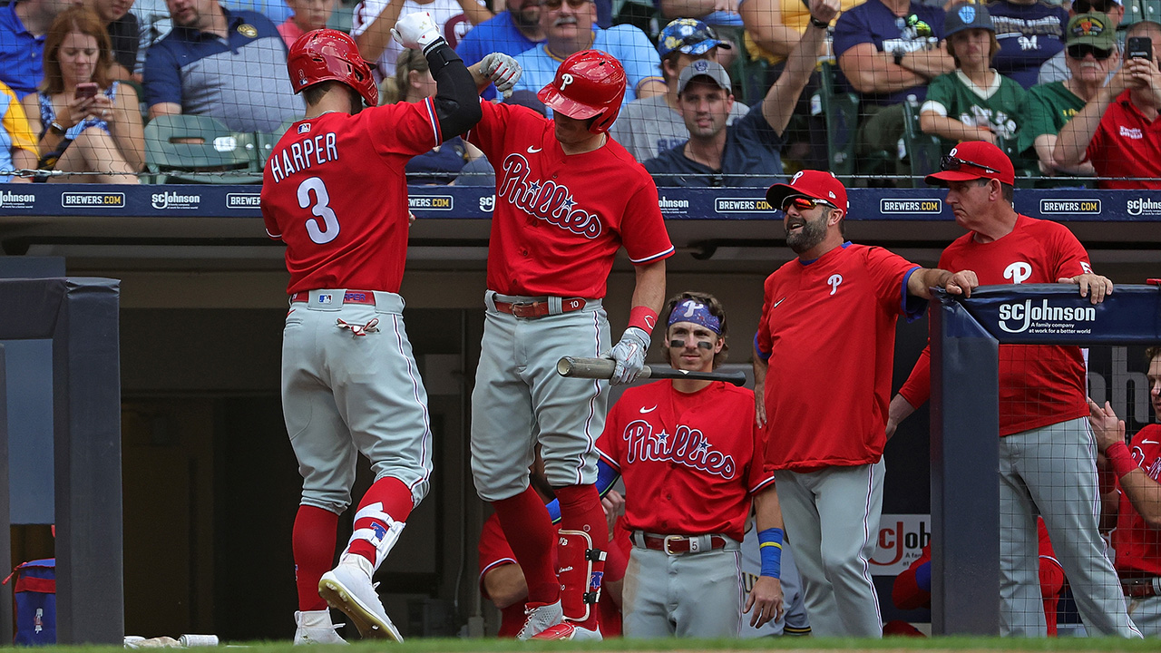 Bryce Harper and the Phillies celebrate after a Harper home run
