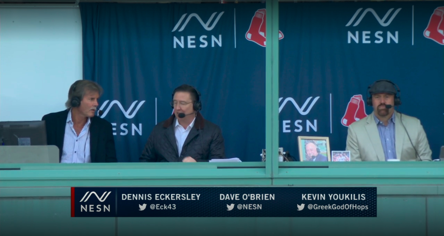 The NESN broadcast booth with Dennis Eckersley, Dave O'Brien, and Kevin Youkilis