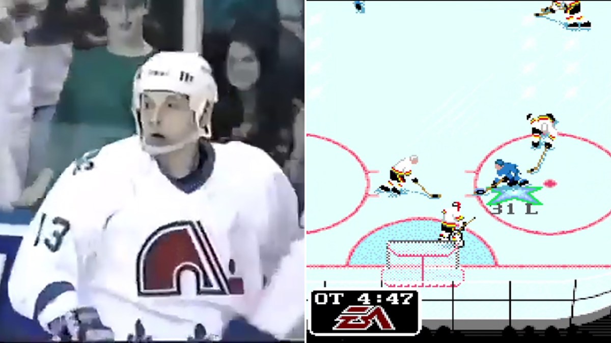 Split image: Valeri Kamensky on one side, in a white Nordiques jersey, on the left side that same person but in the 1993 video game NHL '94