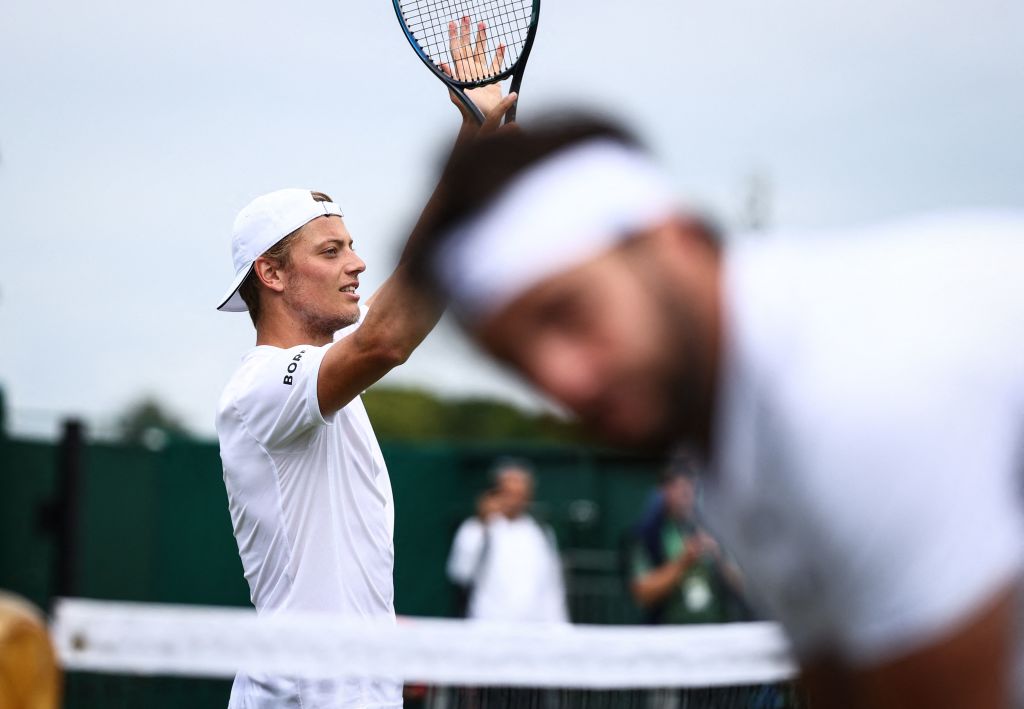 Netherlands' Tim van Rijthoven celebrates winning against Georgia's Nikoloz Basilashvili at the end of their men's singles tennis match on the fifth day of the 2022 Wimbledon Championships at The All England Tennis Club in Wimbledon, southwest London, on July 1, 2022.