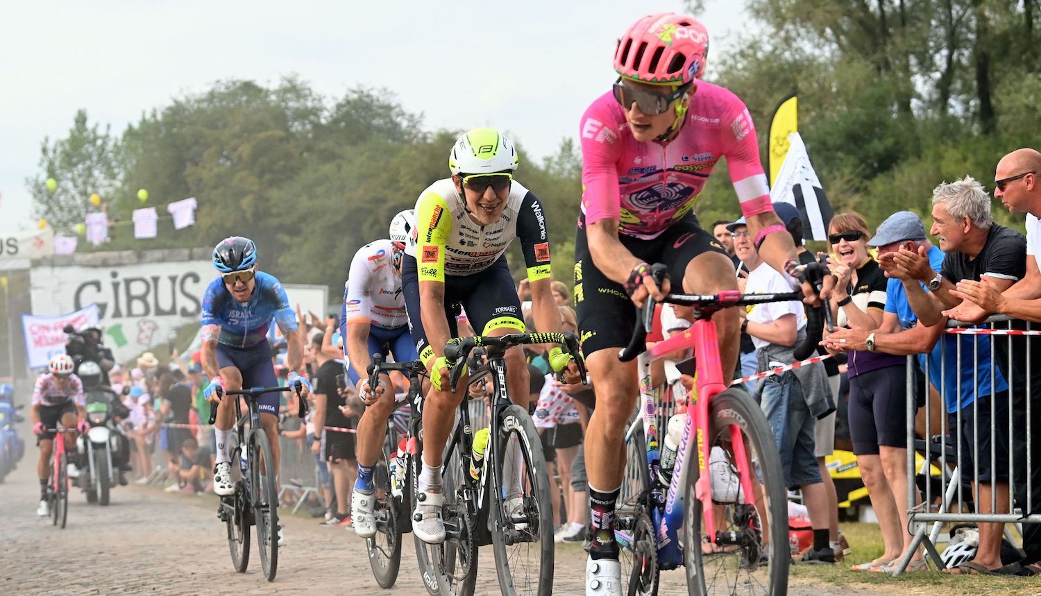 Australian Simon Clarke of Israel-Premier Tech, Dutch Taco van der Hoorn of Intermarche Wanty-Gobert Materiaux and USï¿¿ Neilson Powless of EF Education-EasyPost pictured in action during stage five of the Tour de France cycling race, a 155 km race from Lille Metropole to Arenberg porte du Hainaut, France on Wednesday 06 July 2022. This year's Tour de France takes place from 01 to 24 July 2022. BELGA PHOTO DAVID STOCKMAN - UK OUT (Photo by DAVID STOCKMAN / BELGA MAG / Belga via AFP) (Photo by DAVID STOCKMAN/BELGA MAG/AFP via Getty Images)