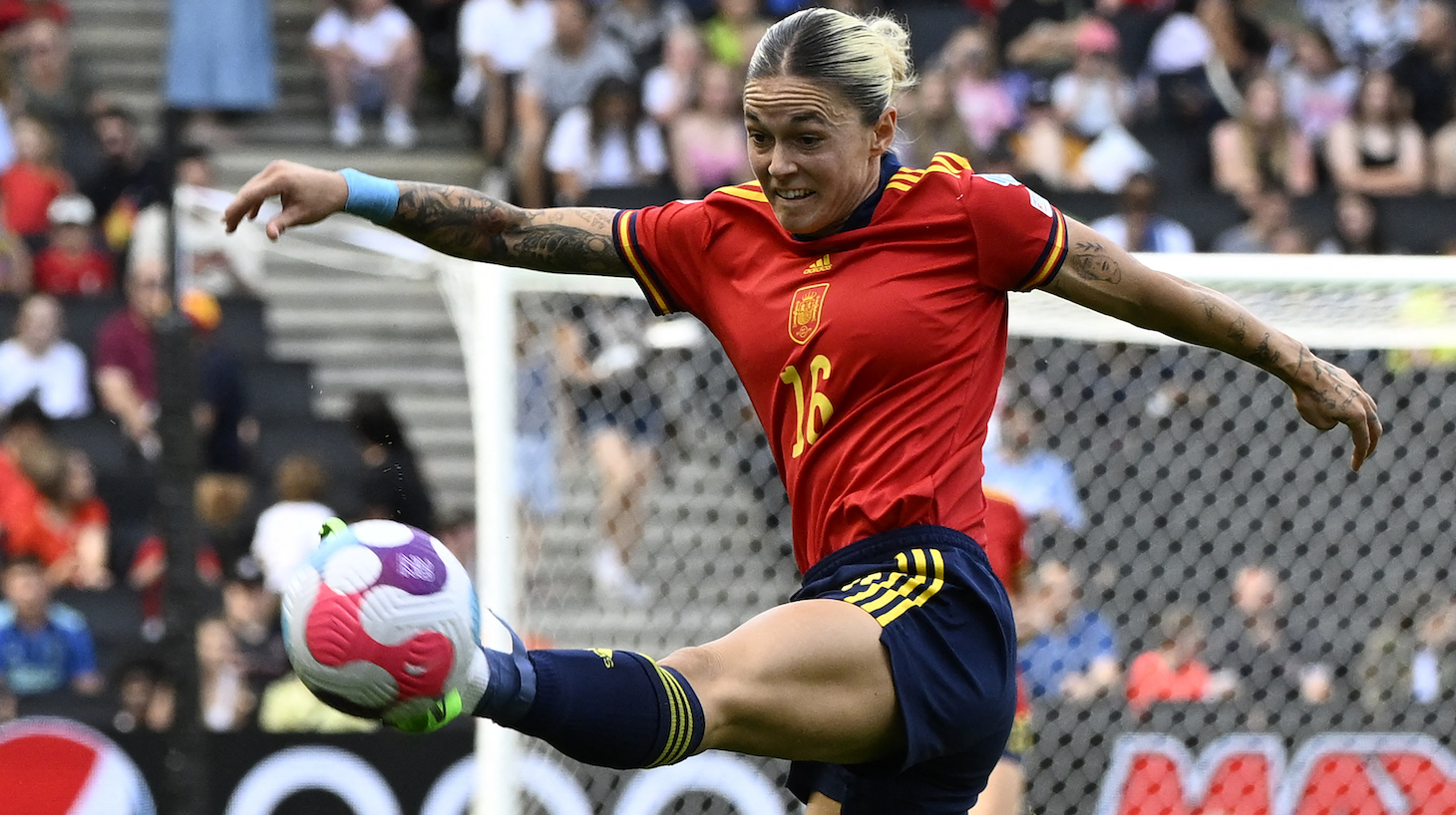 Spain's defender Maria Leon clears the ball during the UEFA Women's Euro 2022 Group B football match between Spain and Finland at Stadium MK in Milton Keynes, north of London on July 8, 2022.